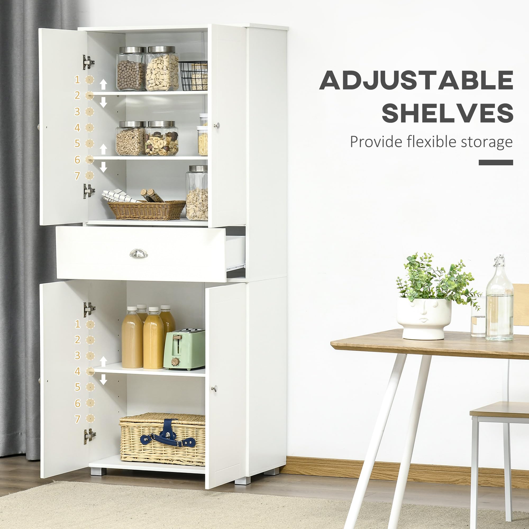 HOMCOM 72 Inch Freestanding Kitchen Pantry Cabinet with 4 Doors, Drawer & Adjustable Shelves - White Tall Storage Cabinet for Dining Room, Kitchen Organization & Home Storage Solutions