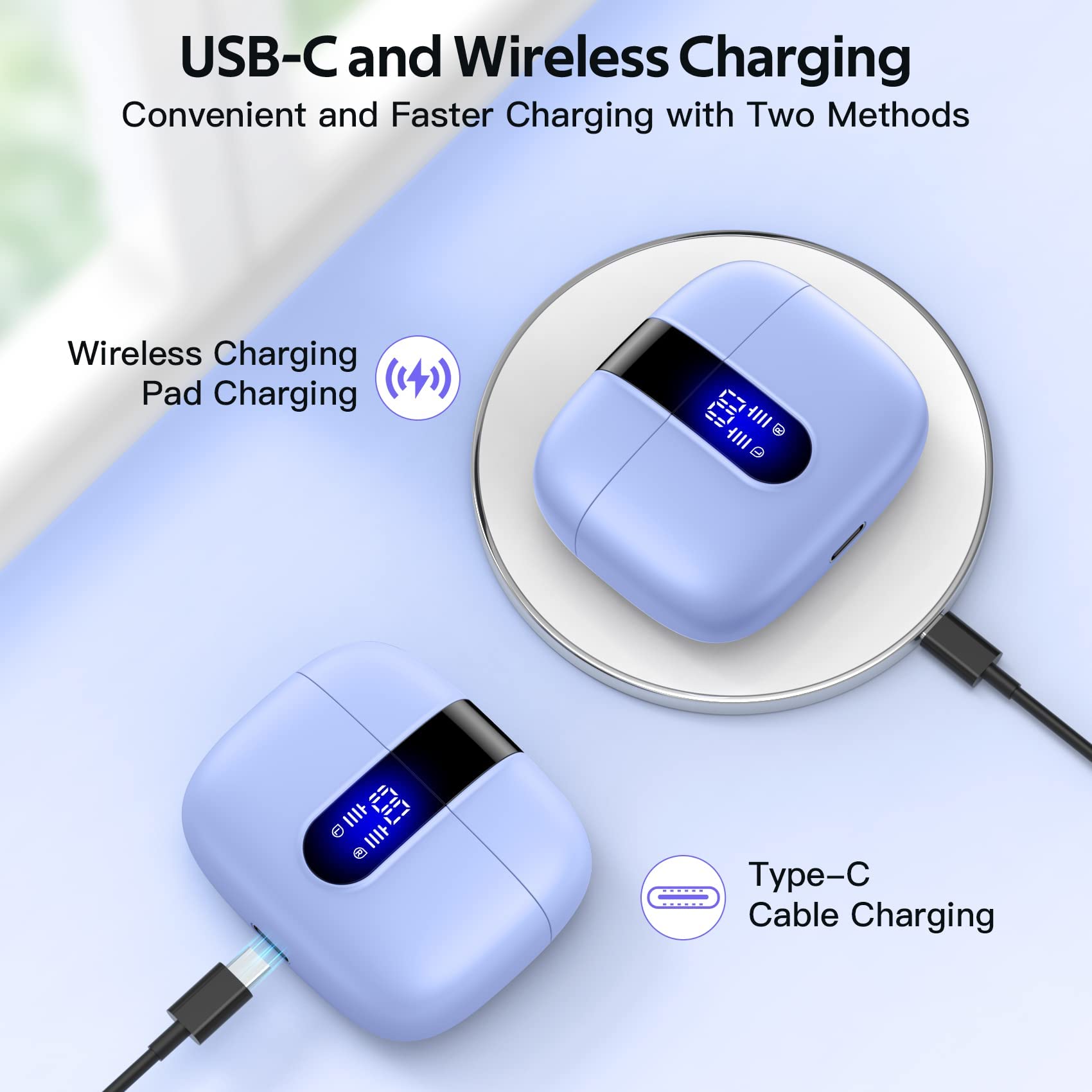 TAGRY 2 Pairs X08 True Wireless Bluetooth Earbuds - White & Purple, 60H Playtime, Wireless Charging Case, Built-in Mic, In-Ear Headphones for Gym, Running, Work & Travel