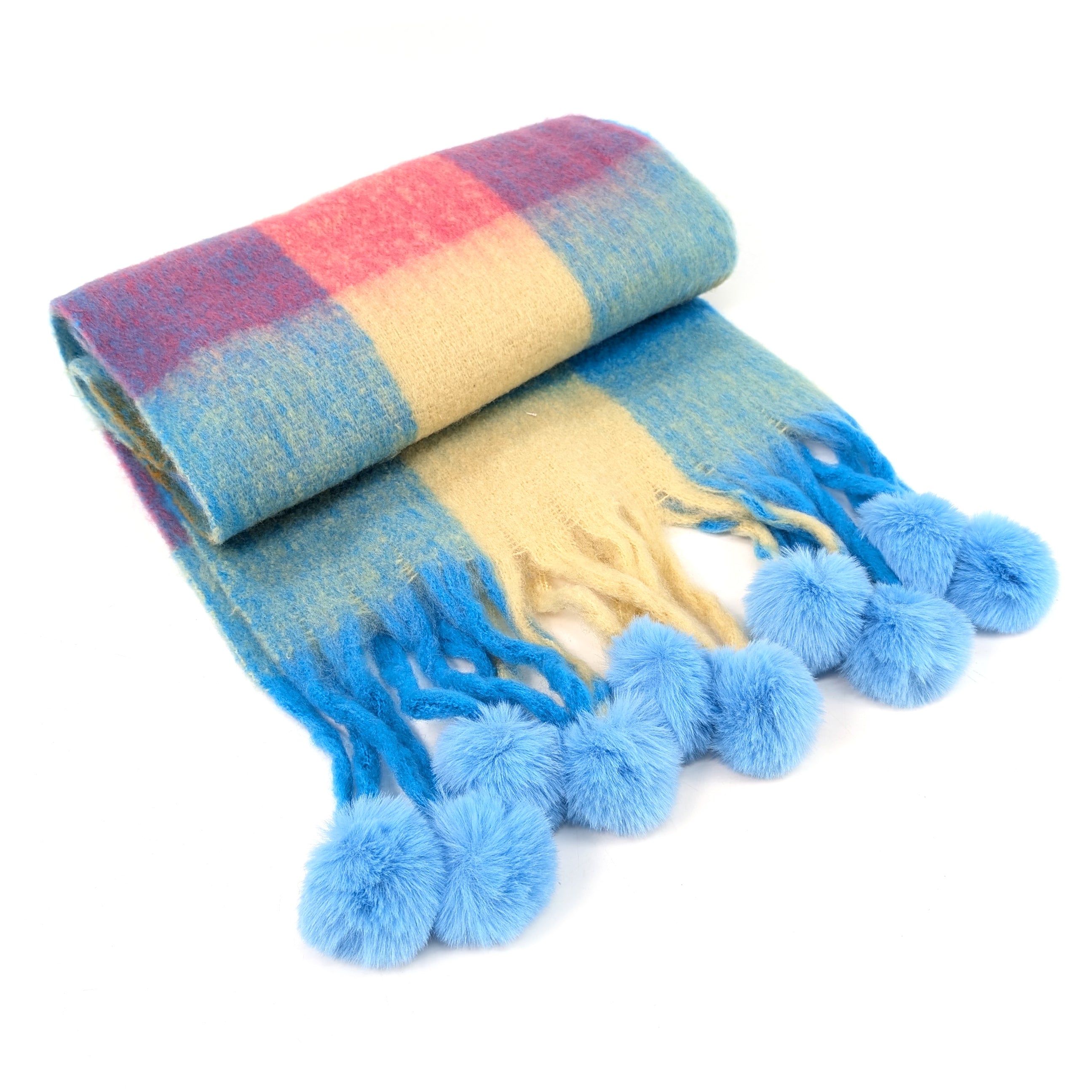 Extra Thick Check PomPom Scarf - 40x210cm Soft Winter Scarf for Women & Teens - Blue & Pink Plaid Fashion Scarf - Perfect for Cold Weather, Christmas Gifts & Outdoor Activities