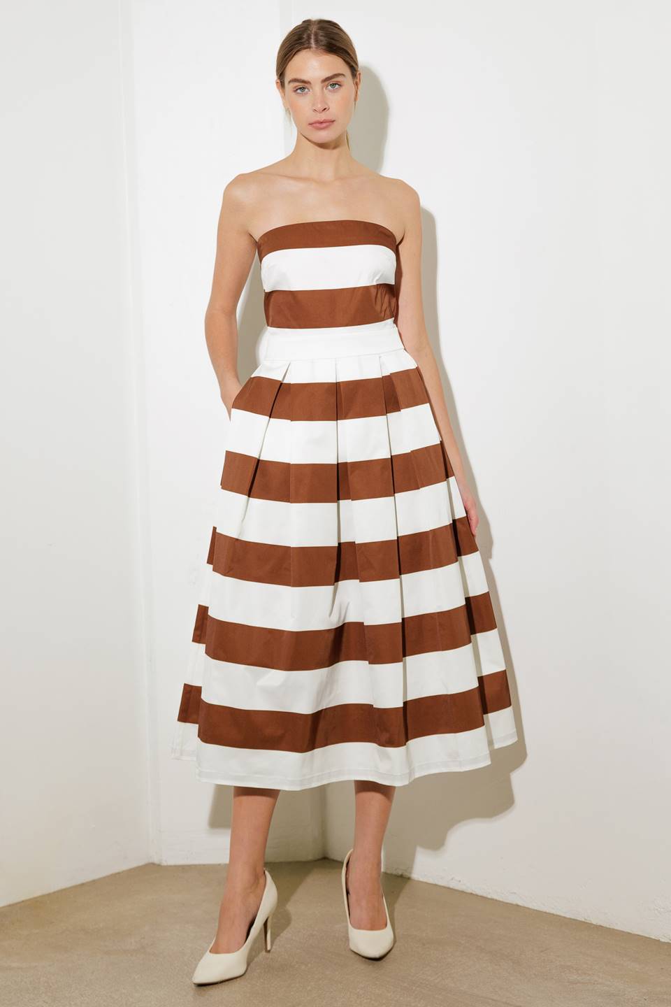 EVERYDAY HUSTLE Rust Stripe Midi Dress - Stylish Casual Wear for Work, Date Night & Special Occasions