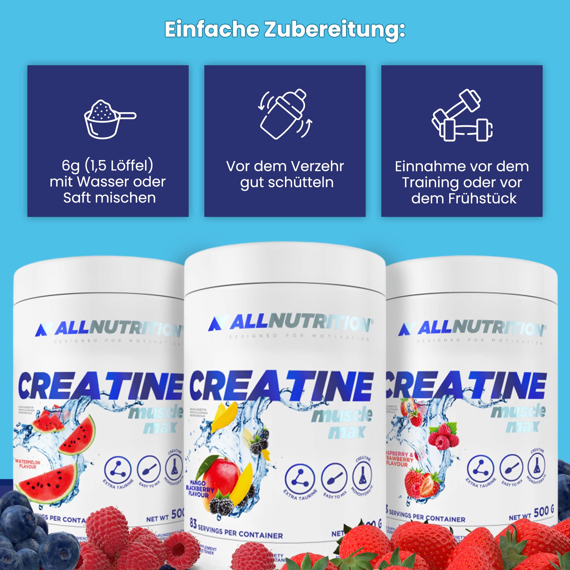 ALLNUTRITION Creatine Monohydrate Powder 500g - Muscle Building & Performance Supplement with Taurine - Sugar Free, Strawberry Flavor for Athletes & Gym Enthusiasts - Pre/Post Workout Recovery & Strength Training Support