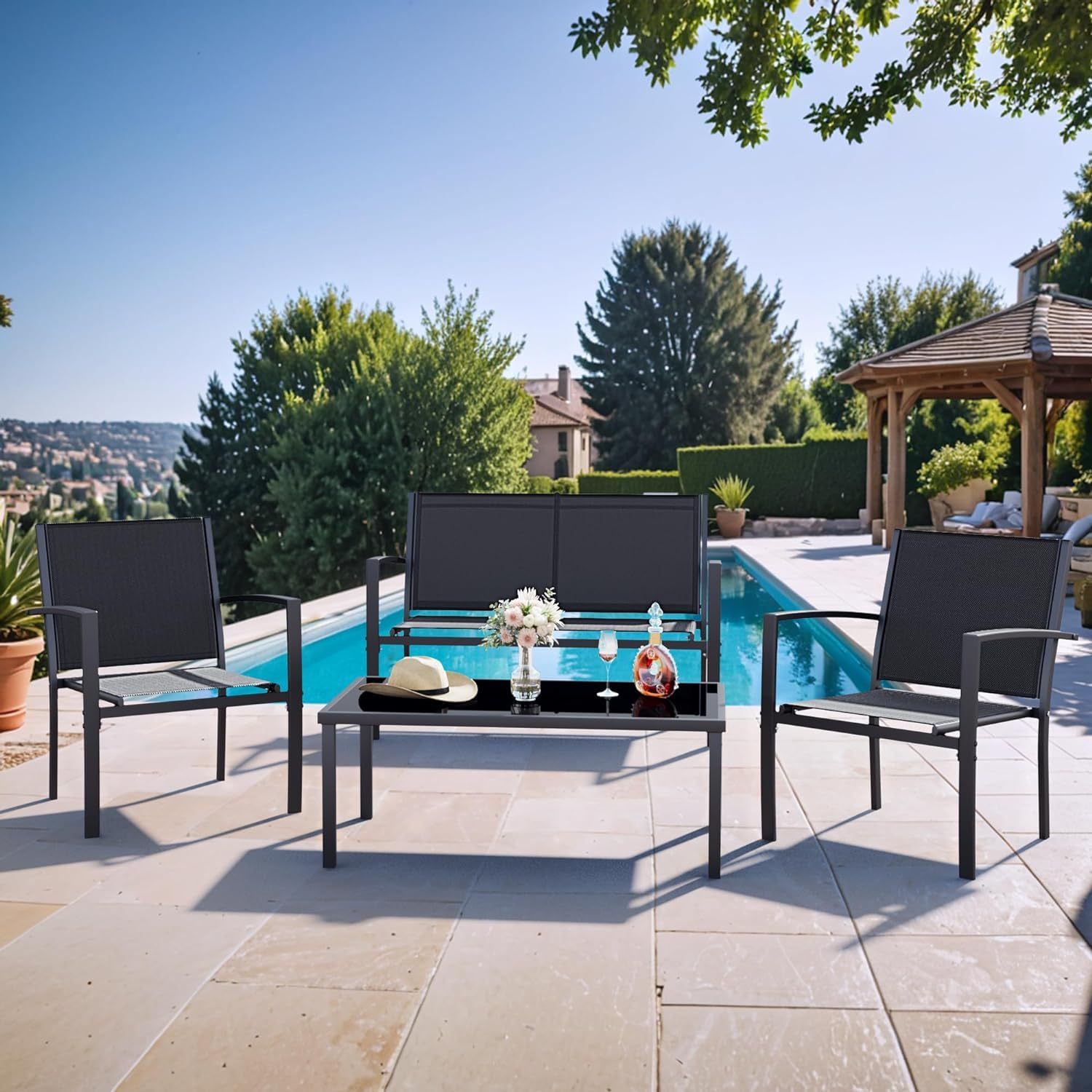 Tuoze 4-Piece Outdoor Patio Furniture Set with Glass Coffee Table - Black Bistro Conversation Set for Garden, Yard, Lawn & Balcony | Perfect for Relaxing, Entertaining & Outdoor Dining