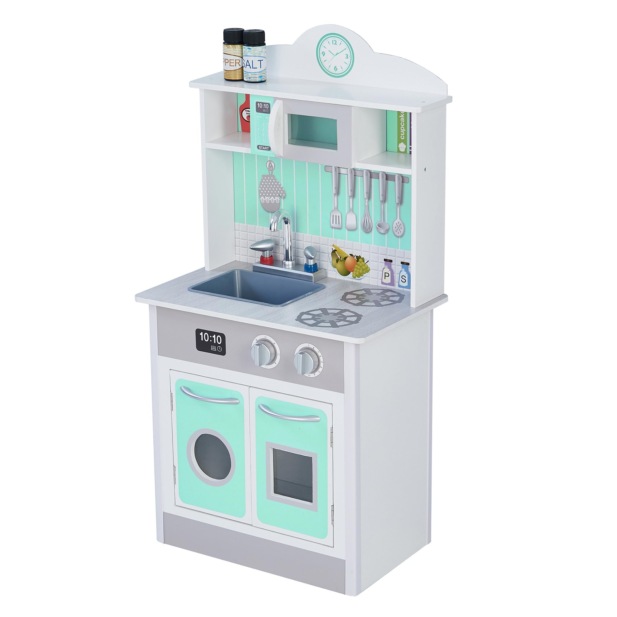 Teamson Kids Little Chef Madrid Classic Interactive Wooden Play Kitchen Set - Pretend Play Toy with Sink, Oven, Microwave & Storage - Easy Clean Gray & Mint Design - Perfect for Toddlers & Preschoolers Role Play, Birthday Gifts & Daycare Learning Activities