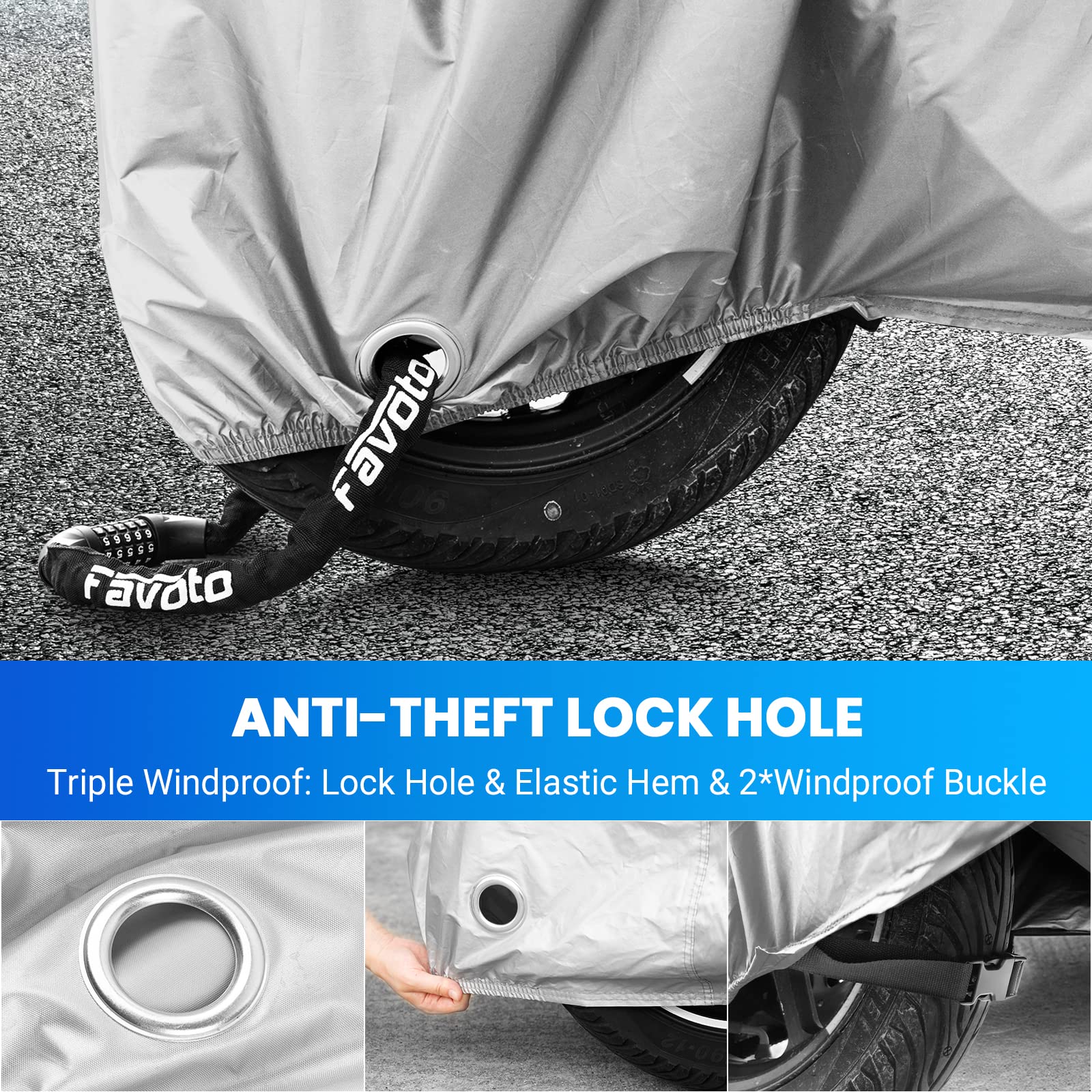 Favoto Waterproof Motorcycle Cover - UV Protection, Windproof with Reflective Strips & Buckle Lock | Storage Bag Included | Fits 104 Inch Bikes | Ideal for Outdoor Parking, Travel & Long-Term Storage (Cool Silver)