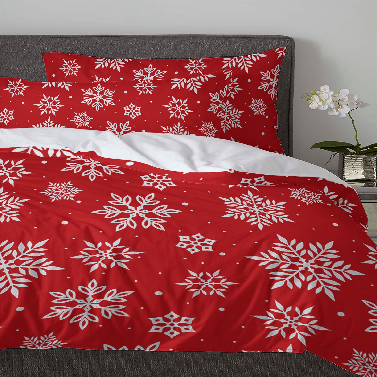 California King Duvet Cover Set - Christmas Snowflake Red Comforter Cover with 2 Pillowcases - Soft Bedding Set for Teens, Kids & Adults - Perfect for Holiday Decor & Cozy Winter Nights