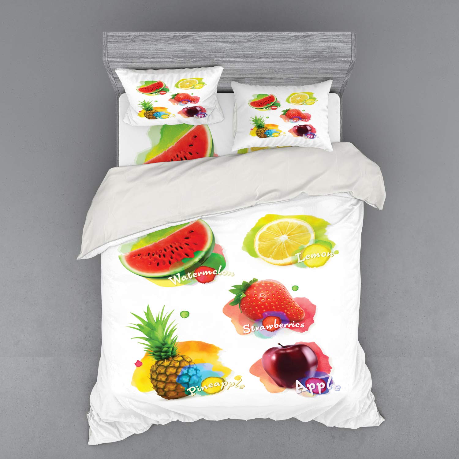 Ambesonne Fruit Bedding Set - Queen Size 4-Piece Duvet Cover with Shams & Fitted Sheet | Colorful Summer Fruits Pattern (Watermelon, Lemon, Strawberry, Pineapple) | Vibrant Multicolor Design for Bedroom Decor | Perfect for Summer Home Refresh, Guest Room Makeover & Tropical Themed Bedrooms
