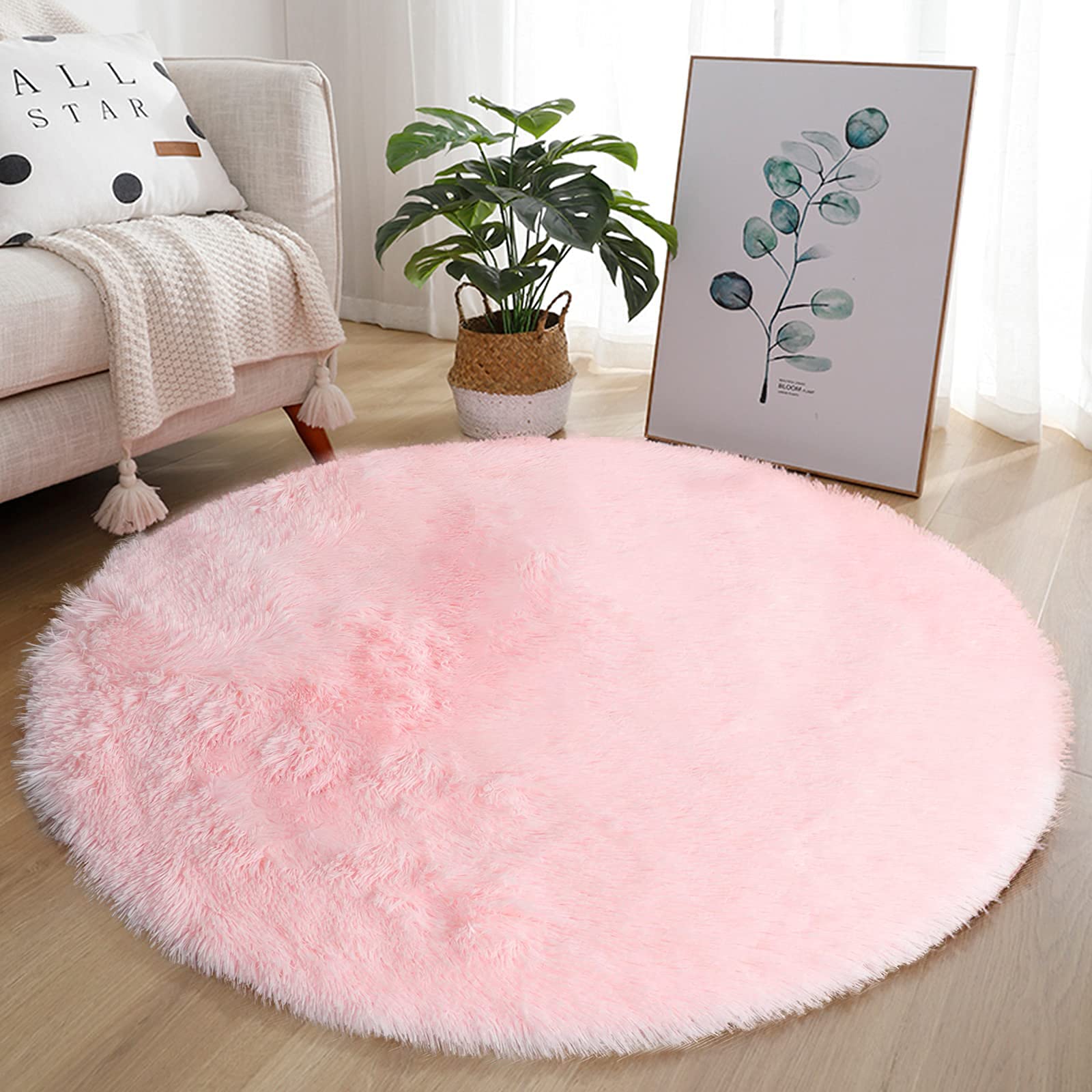 MIEMIE 4x4 Soft Pink Round Fluffy Area Rug - Modern Plush Circle Rug for Nursery, Kids Room & Bedroom - Ultra Soft Indoor Carpet for Girls, Baby Room & Living Room - Perfect for Play Areas, Nursery Decor & Cozy Home Spaces