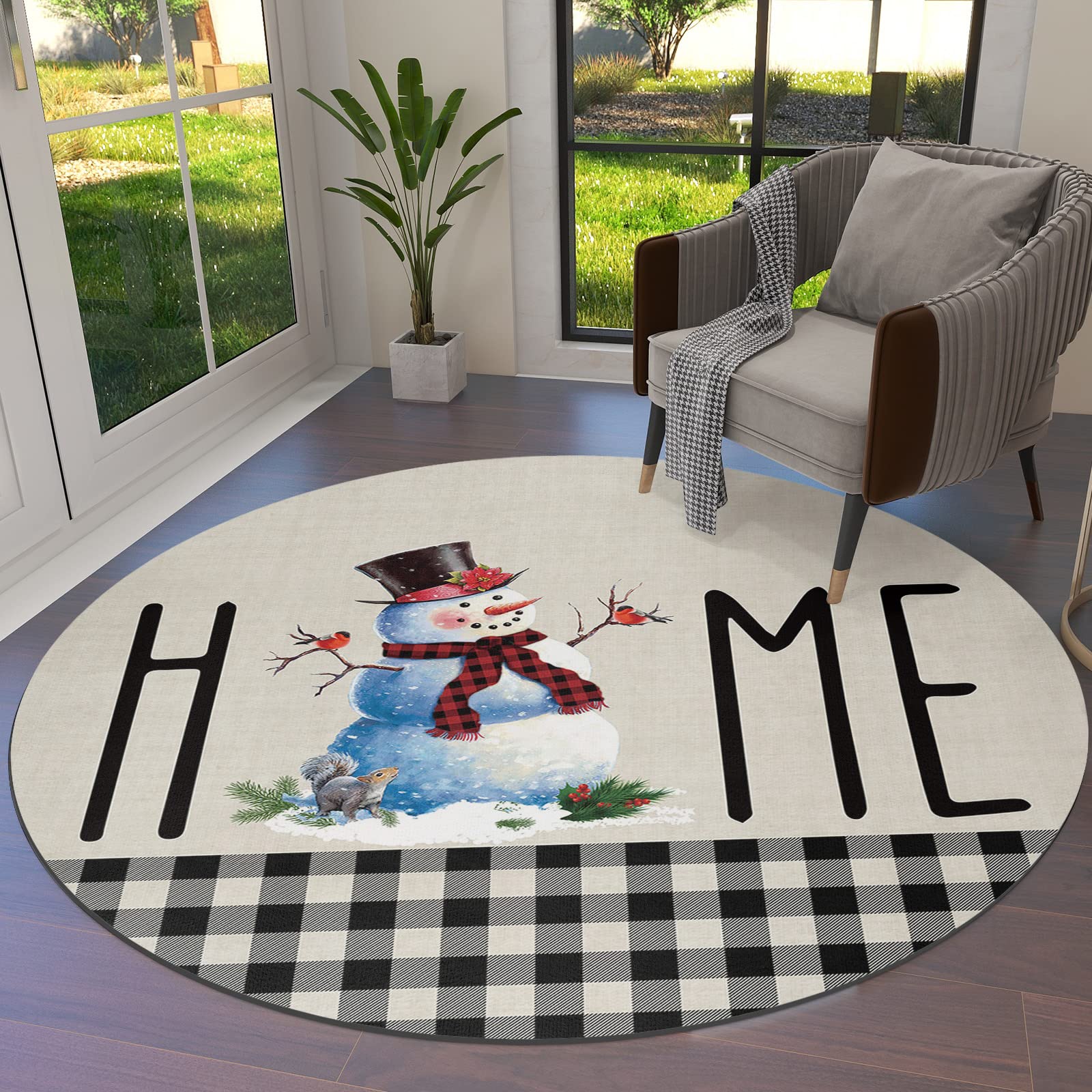 6ft Christmas Snowman Round Area Rug - Soft Non-Shedding Machine Washable Black White Plaid Carpet for Kids Bedroom, Living Room & Home Decor | Perfect Holiday Floor Mat for Winter Decorations & Cozy Family Gatherings
