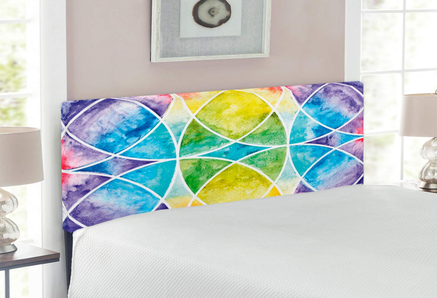 Ambesonne Geometric Upholstered Headboard - Egyptian Inspired Circular Arc Design with Colorful Effects, Full Size Metal Bed Frame with Memory Foam - Perfect for Modern Bedrooms & Guest Rooms