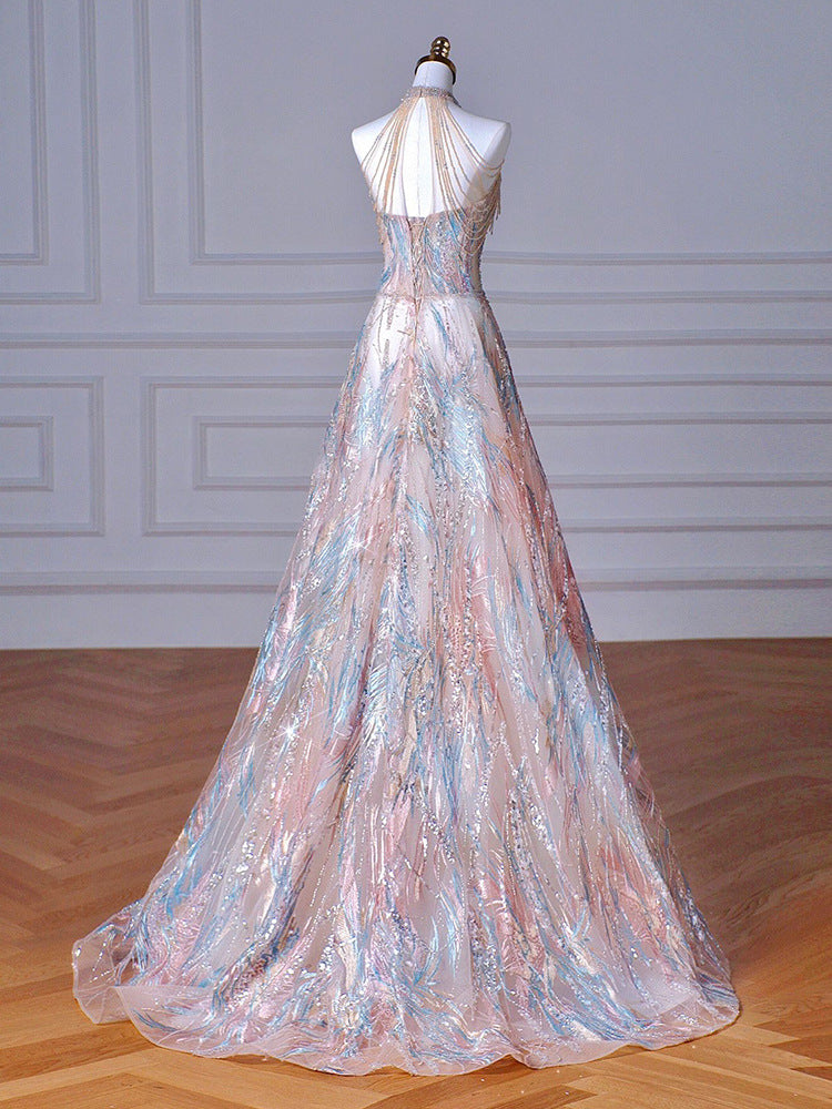 Elegant Halterneck A-Line Sparkling Sequined Evening Dress for Women - 1966 Vintage Style for Prom, Gala & Special Occasions