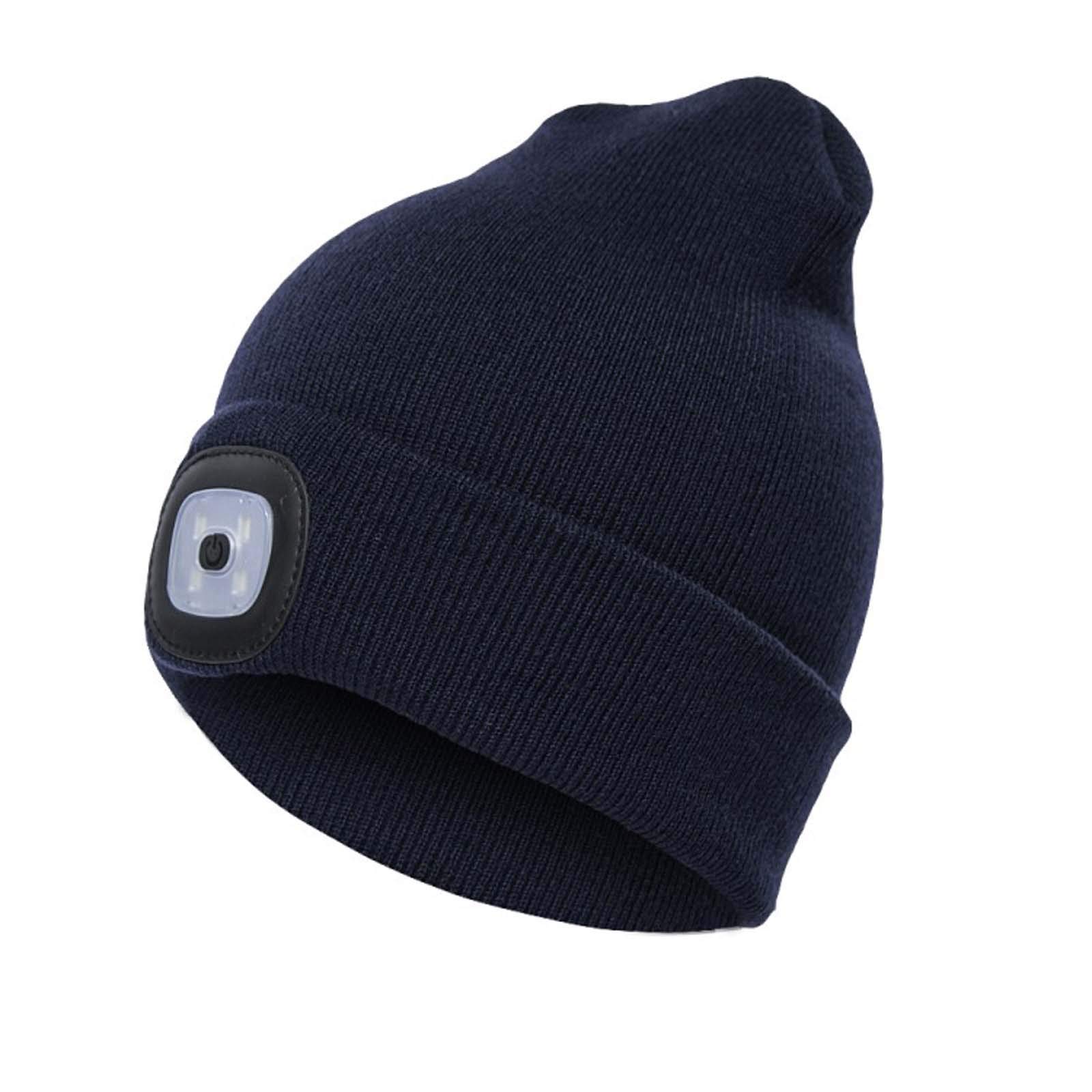 LED Lighted Winter Beanie Hat for Men & Women - Warm Knitted Cap with Built-in Light for Outdoor Activities, Hiking, Camping - Navy Blue