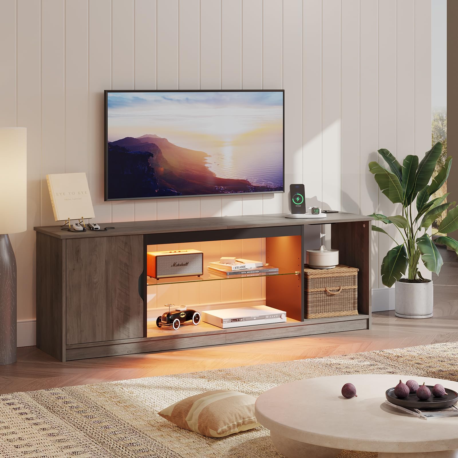 Bestier 58 Inch LED TV Stand with Power Outlets - Modern Entertainment Center for 55/60/65 Inch TVs, Gaming Console Storage Cabinet with Adjustable Glass Shelves (Grey Wash) - Perfect for Living Room, Home Theater & PS5 Setup