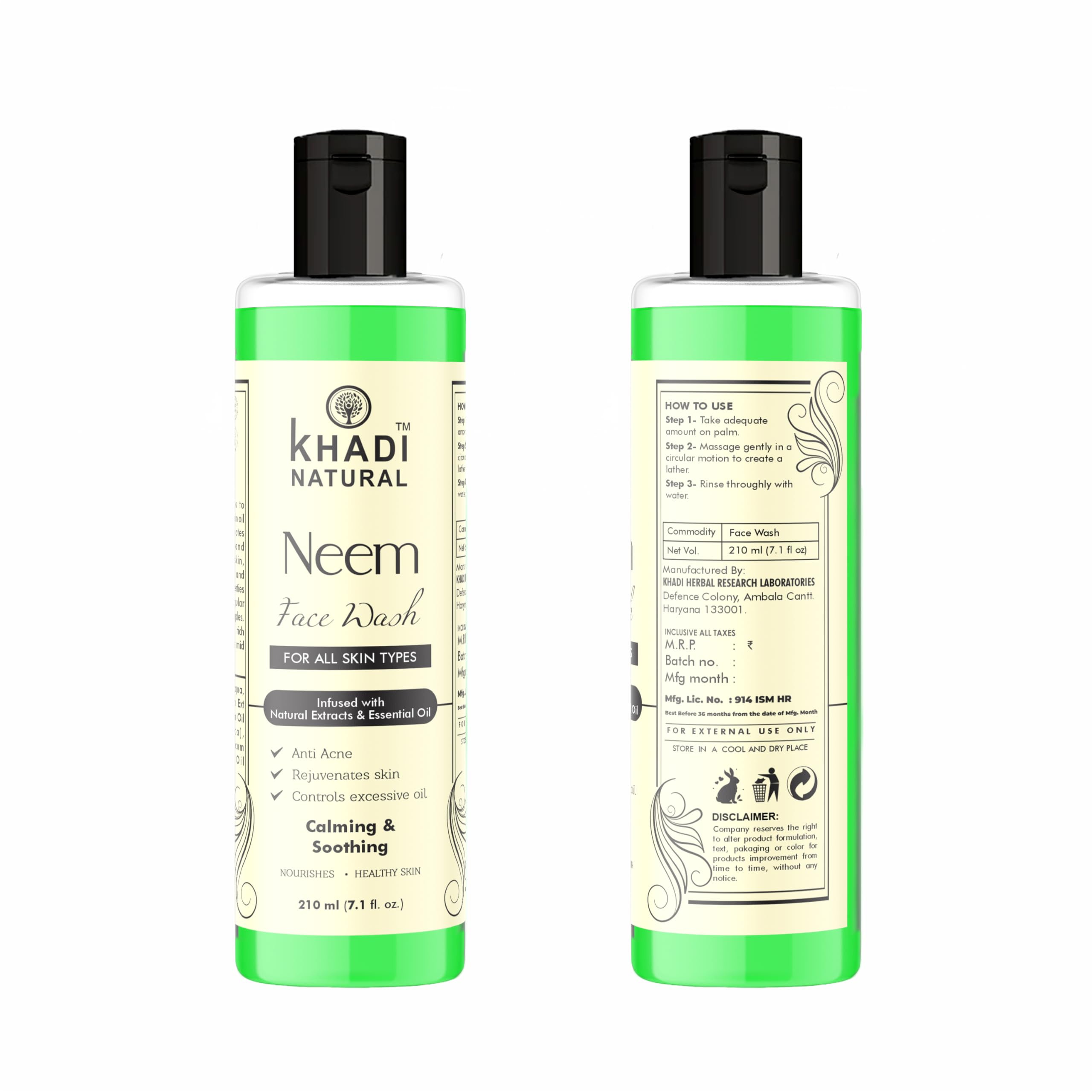 Khadi Natural Ayurvedic Neem Face Wash 210ml - Purifying & Refreshing Facial Cleanser for Acne & Oily Skin | Pack of 2 | Organic Neem Extract | Deep Cleansing & Oil Control | Perfect for Daily Skincare Routine