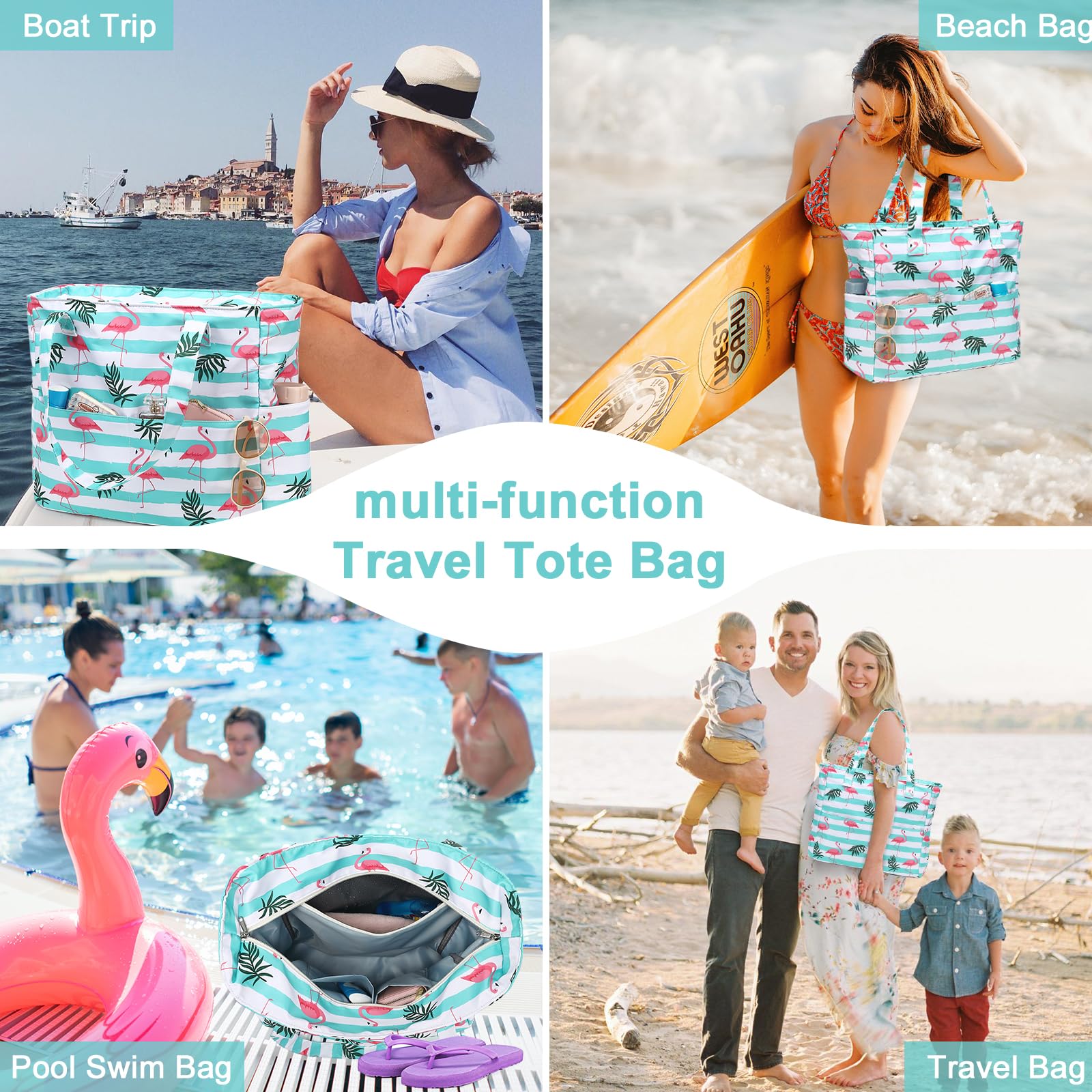 Waterproof & Sandproof Beach Tote Bag for Women - Large Zippered Pool Bag with Wet Pocket - Perfect for Gym, Grocery Shopping, Travel & Beach Outings