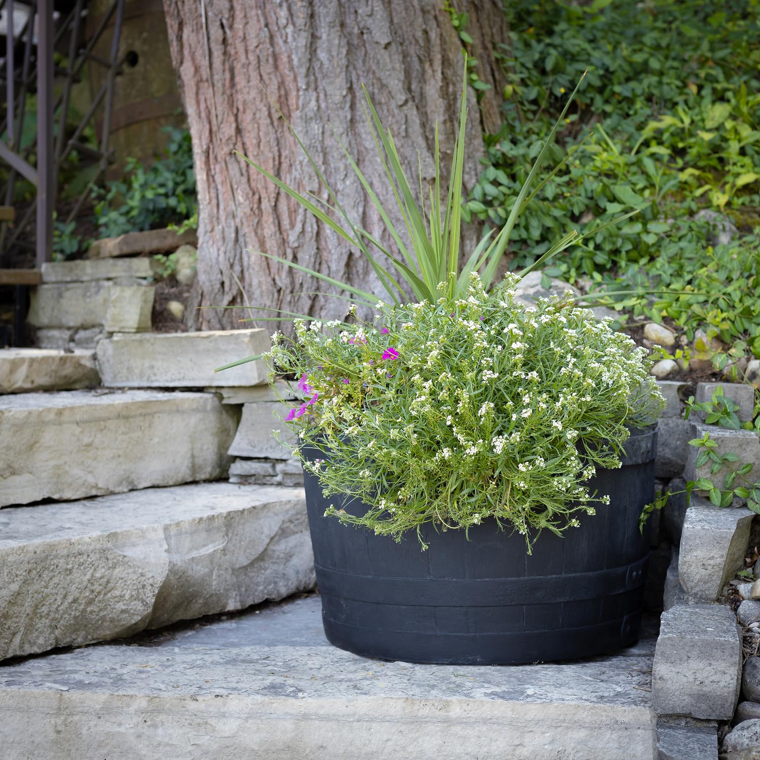 Premium Black Polyethylene Whiskey Barrel Planters (2-Pack) - Durable Indoor/Outdoor Garden Decor for Patio, Deck, or Home Gardening | Perfect for Flowers, Herbs & Succulents