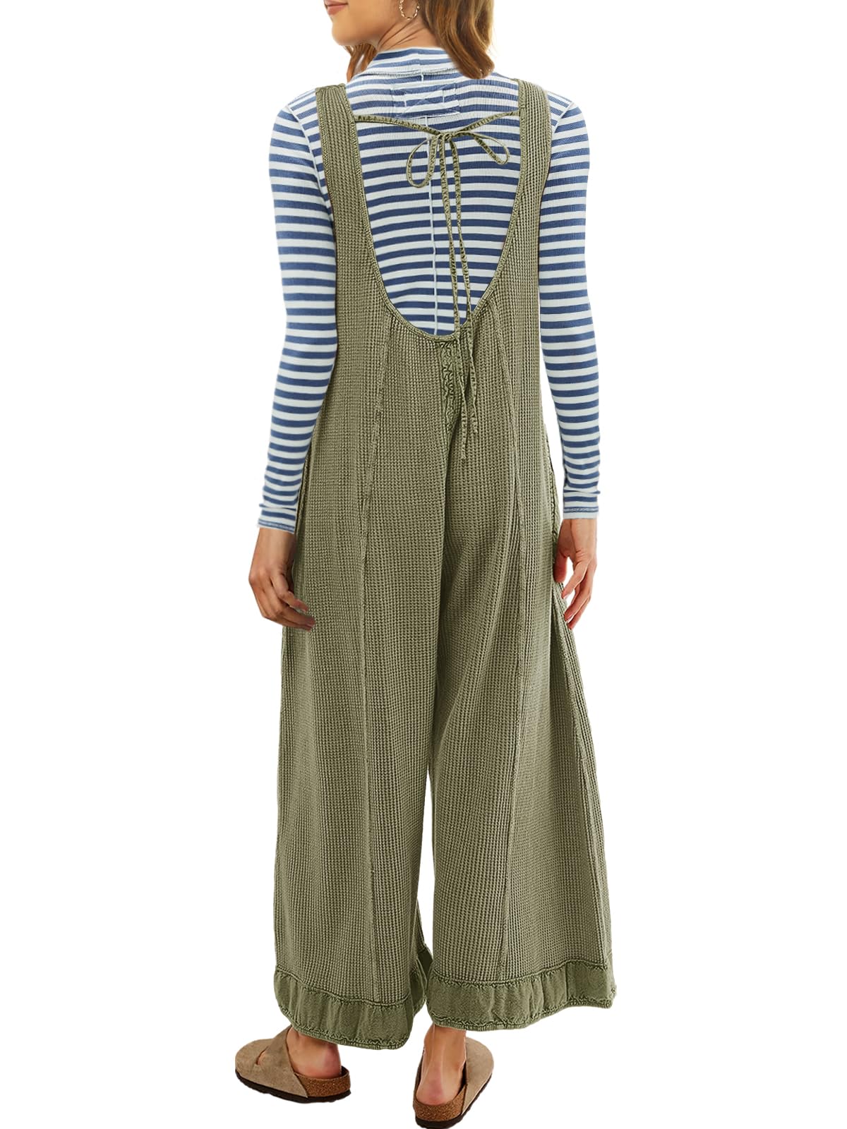 SENSERISE Women's Wide Leg Jumpsuit - Waffle Knit Open Back Romper with Pockets - Casual Loose Overalls for Summer, Beach, and Lounge Wear