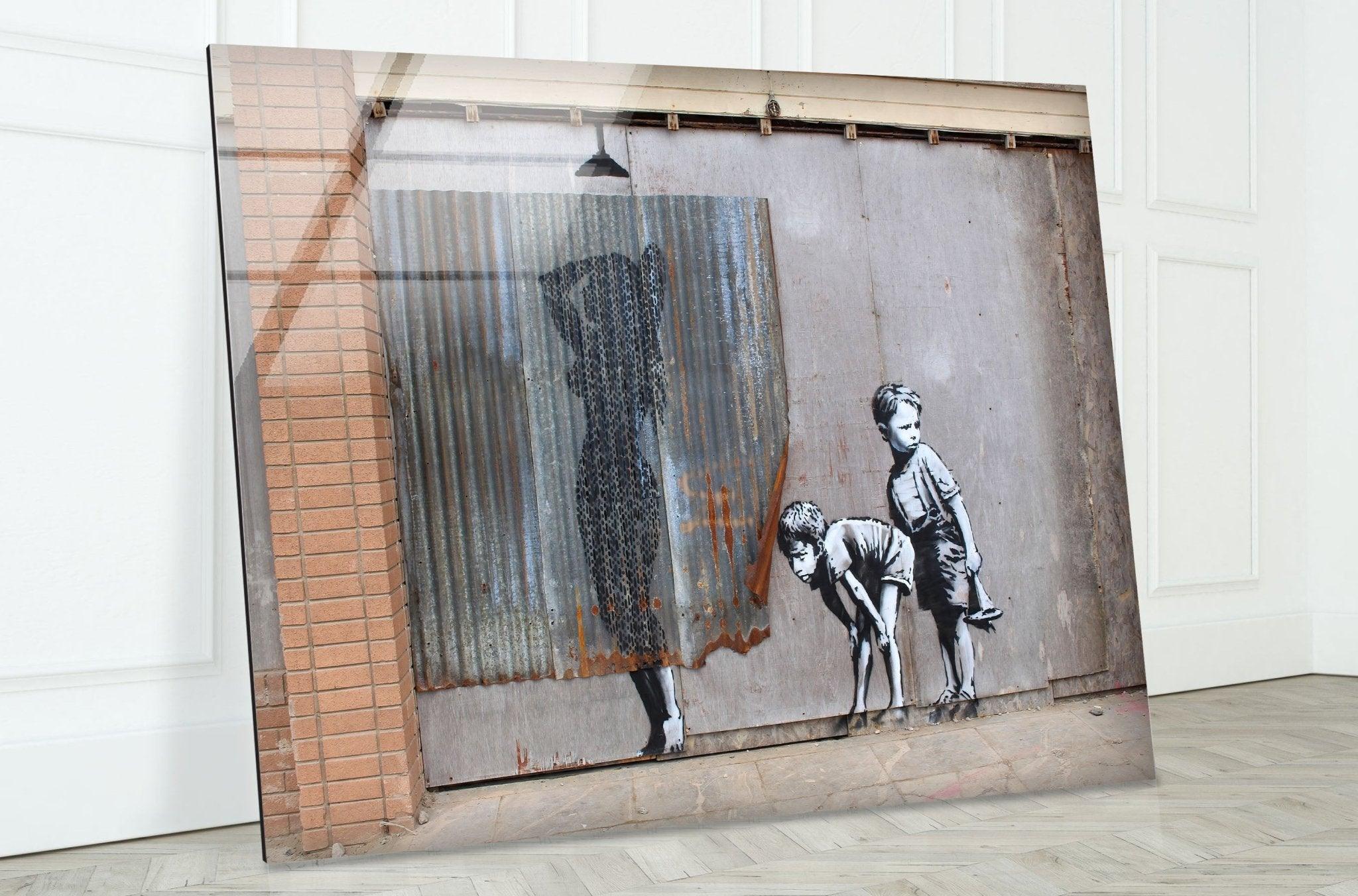 Banksy Shower Peeping Boys Framed Glass Wall Art - Modern Home Decor for Living Room, Bedroom & Office
