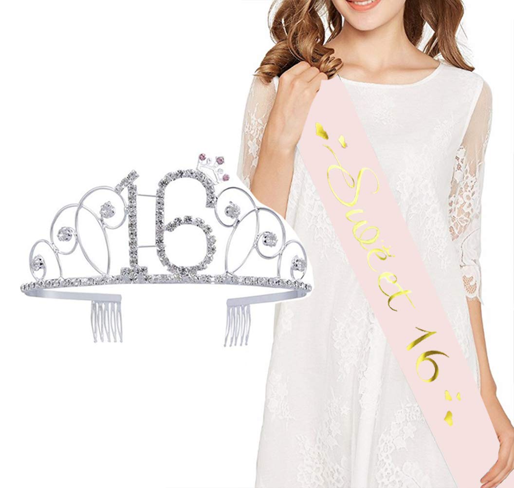 Sweet 16 Birthday Tiara & Glitter Satin Sash Set - Crystal Rhinestone Crown & 'Sweet 16' Sash for 16th Birthday Party Decorations, Cake Topper - Perfect for Quinceañera, Milestone Celebrations & Princess-Themed Parties