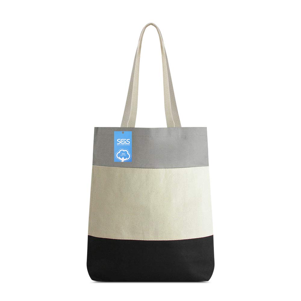 Eco-Friendly 100% Cotton Reusable Canvas Tote Bag - Tri-Color Sewn & Dyed Design (Black) | Sustainable Shopping, Grocery & Beach Essentials