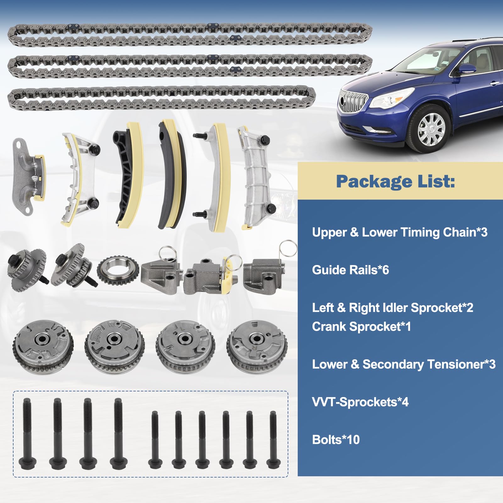 High-Quality Engine Timing Chain Kit 12633451 with 4pcs VVT Sprockets 12684830, Tensioner, Guide Rail & Sprocket - Compatible with Chevy Traverse, Acadia, Equinox, Malibu, Allure, Enclave, LaCrosse, CTS, SRX, STS 2.8L/3.0L/3.6L (12633452, 12600459) - Perfect for Engine Repair & Maintenance