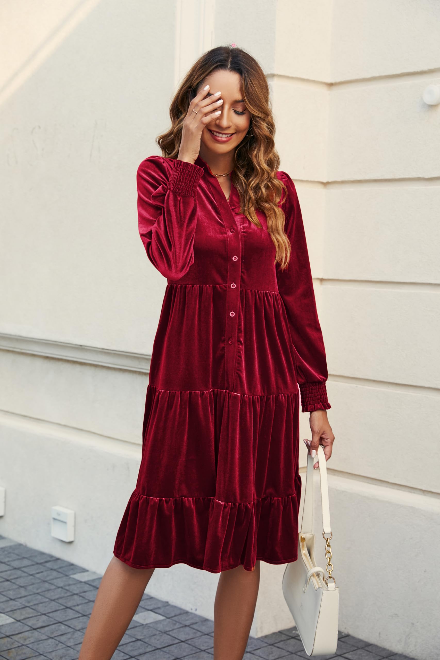 CYLADY Women's 2024 Spring Velvet Ruffle V-Neck Long Sleeve Flowy Swing Dress - Elegant Casual Tunic Shift Dress for Work, Date Night & Special Occasions
