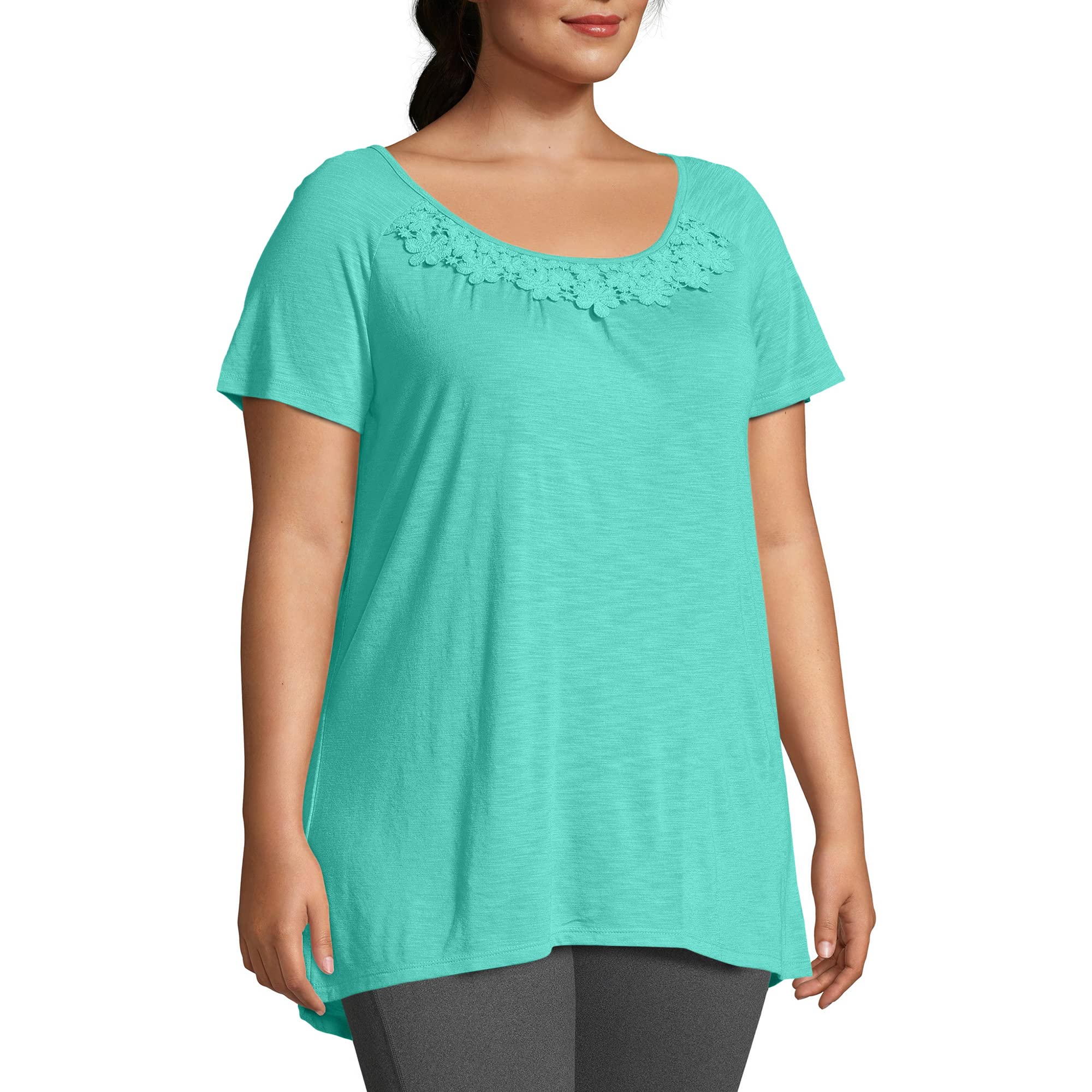 Just My Size Women's Slub Jersey Tunic Top with Crochet Trim - Comfortable Plus Size Casual Wear for Work & Weekend Outfits