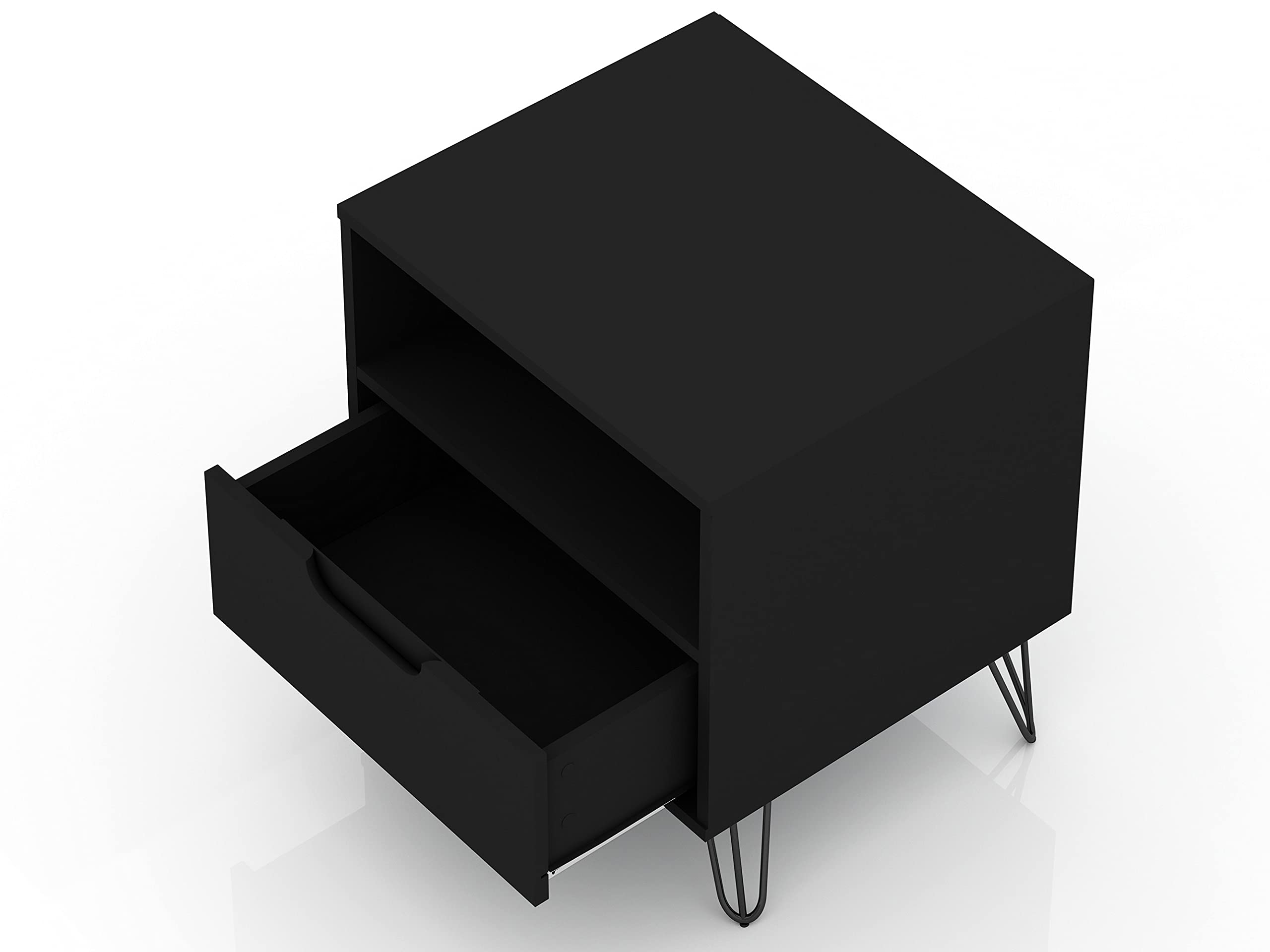 Mid Century Modern Nightstands Set of 2 - Manhattan Comfort Rockefeller Bedside Tables with Drawer & Cubby Storage | Functional Bedroom & Living Room Furniture Organizer in Black | Perfect for Small Spaces & Guest Rooms