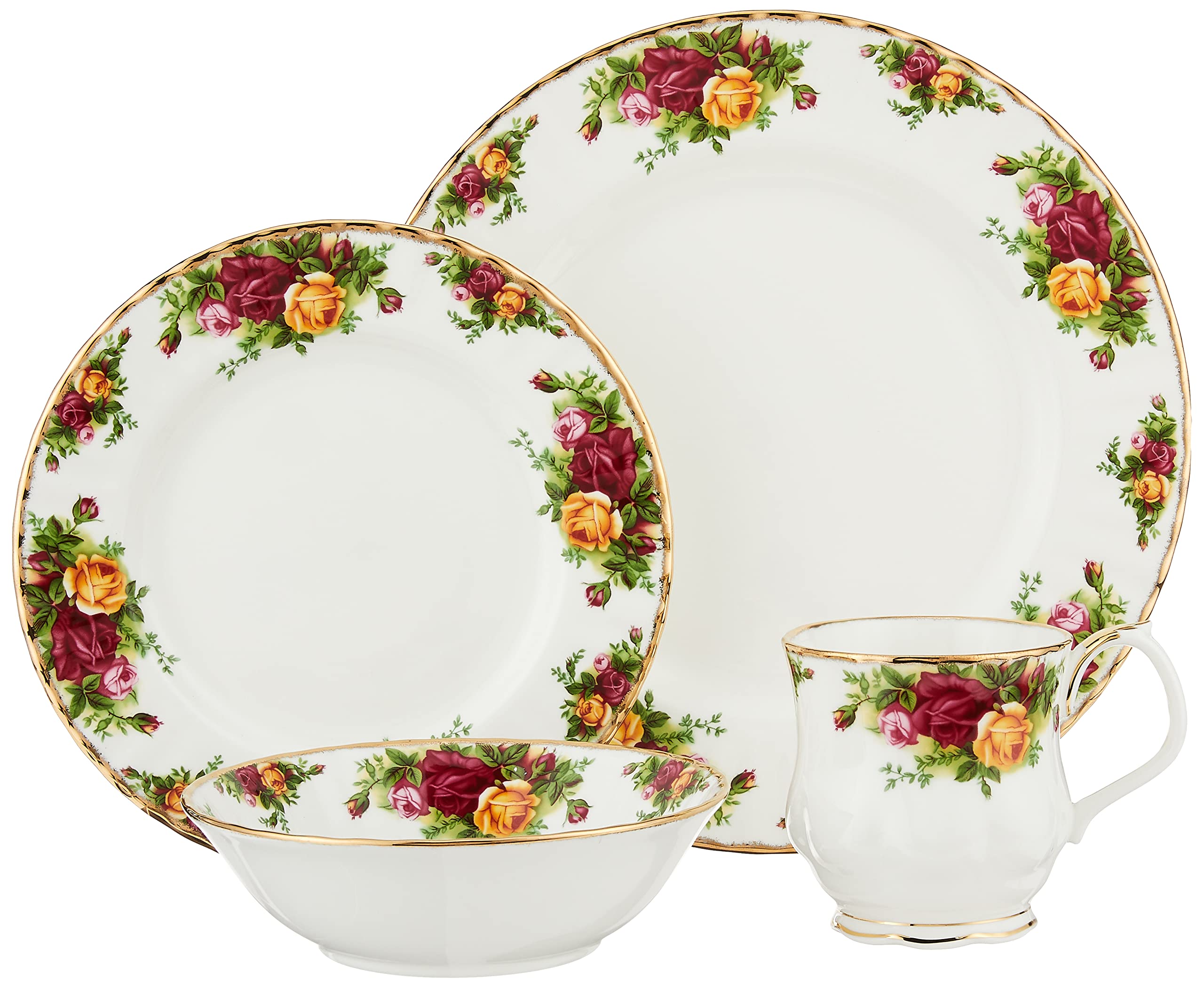 Royal Albert Old Country Roses 4-Piece Place Setting - Elegant English Bone China Tea Cup Set for Afternoon Tea, Bridal Shower & Wedding Gifts
