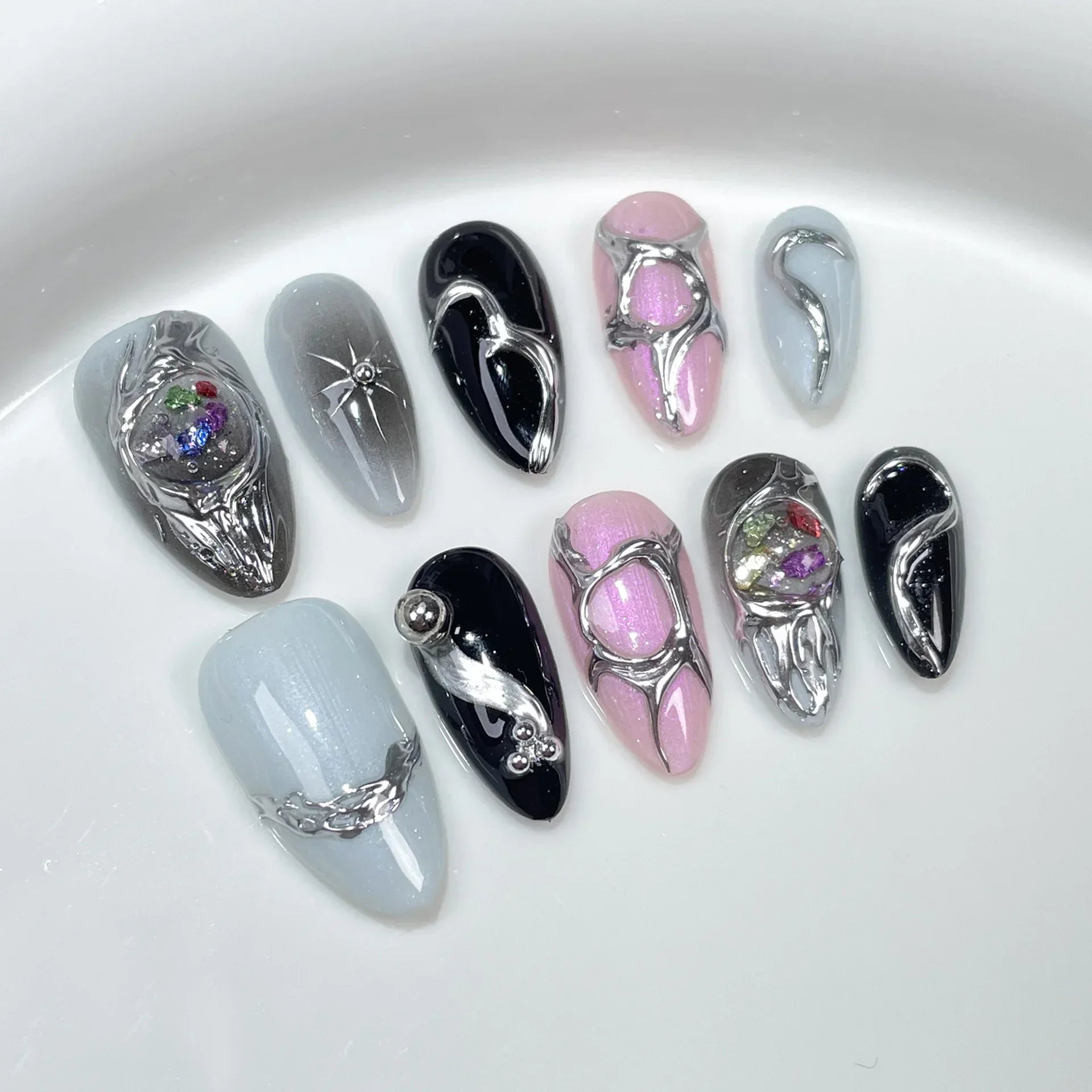 10Pcs Metallic Almond Press-On Fake Nails with Glue - Dark Color Full Cover False Nails for Manicure | Sweet & Cool Gel Nail Tips for Party, Wedding, Date Night & Special Occasions