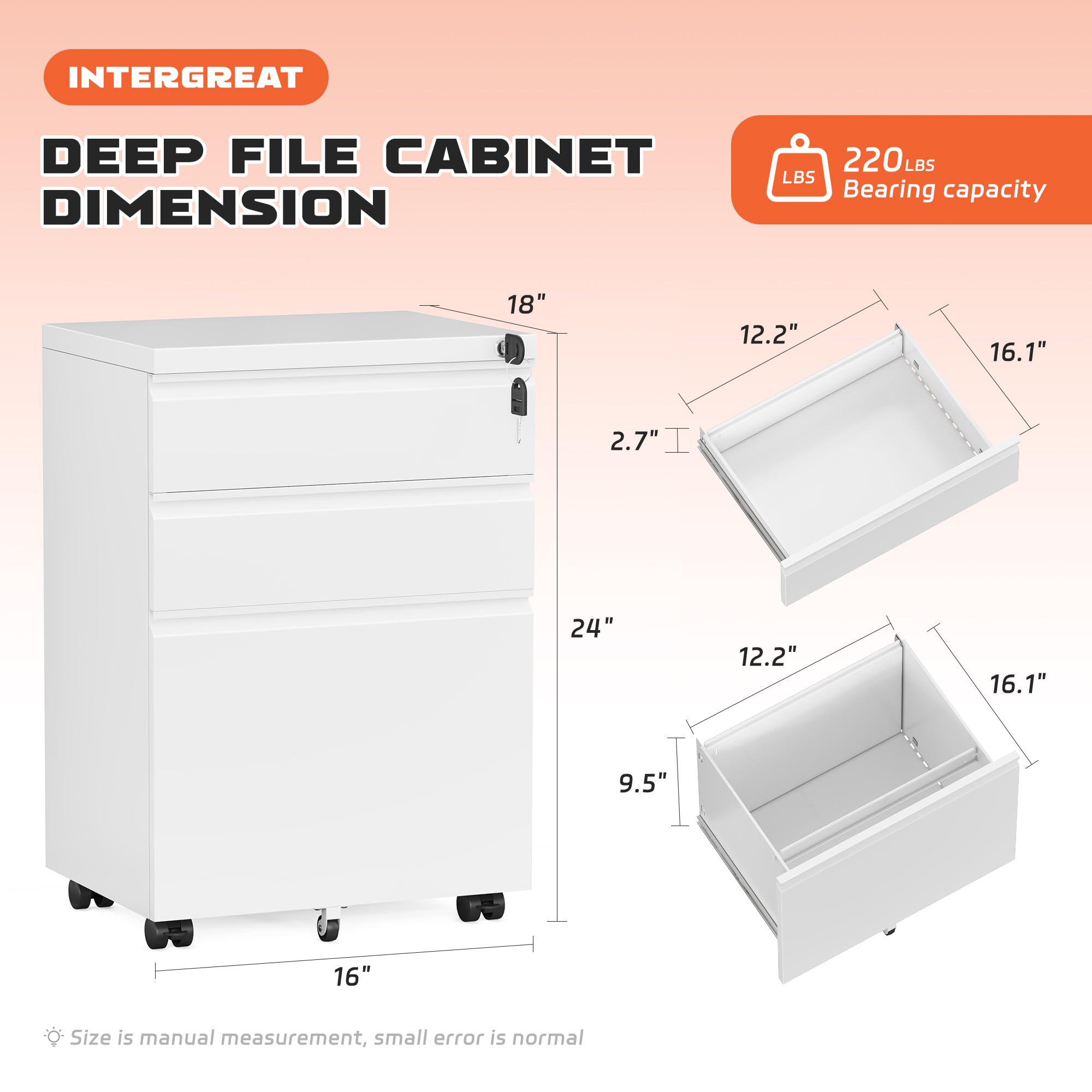 INTERGREAT 3-Drawer Mobile File Cabinet with Lock - Under Desk Metal Filing Cabinet for Home & Office - Rolling File Organizer for Legal/Letter/A4 Documents - White - Perfect for Small Spaces & Office Organization