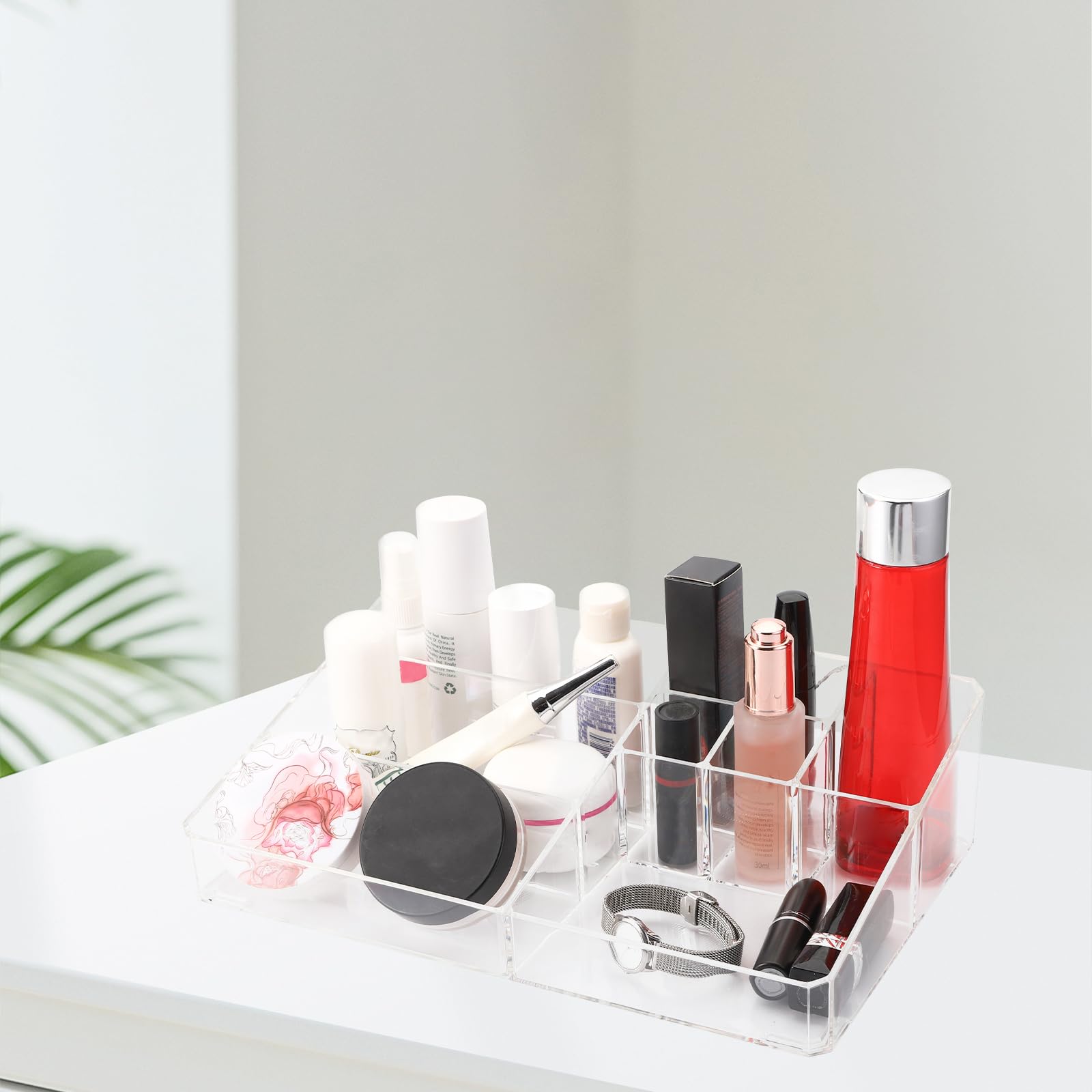 Jucoan 2 Pack Clear Acrylic Makeup Organizer Tray - 9 Compartment Vanity Storage for Cosmetics, Skincare, Lipsticks & Brushes (12.5