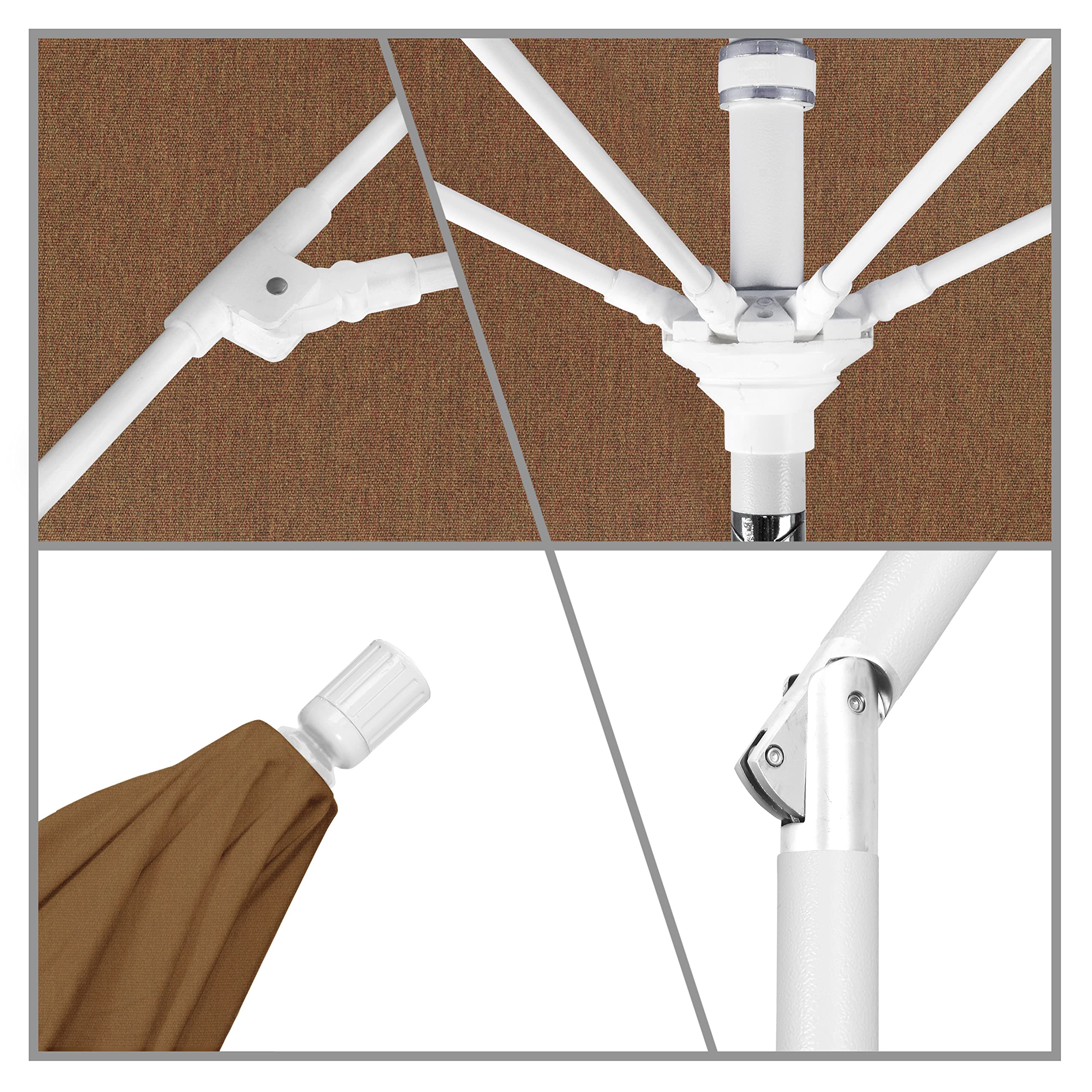 9' Round California Patio Umbrella - Crank Lift with Tilt Function, Aluminum Pole & Fiberglass Ribs, White Finish & Teak Wood - Perfect for Poolside, Backyard, and Outdoor Dining Areas