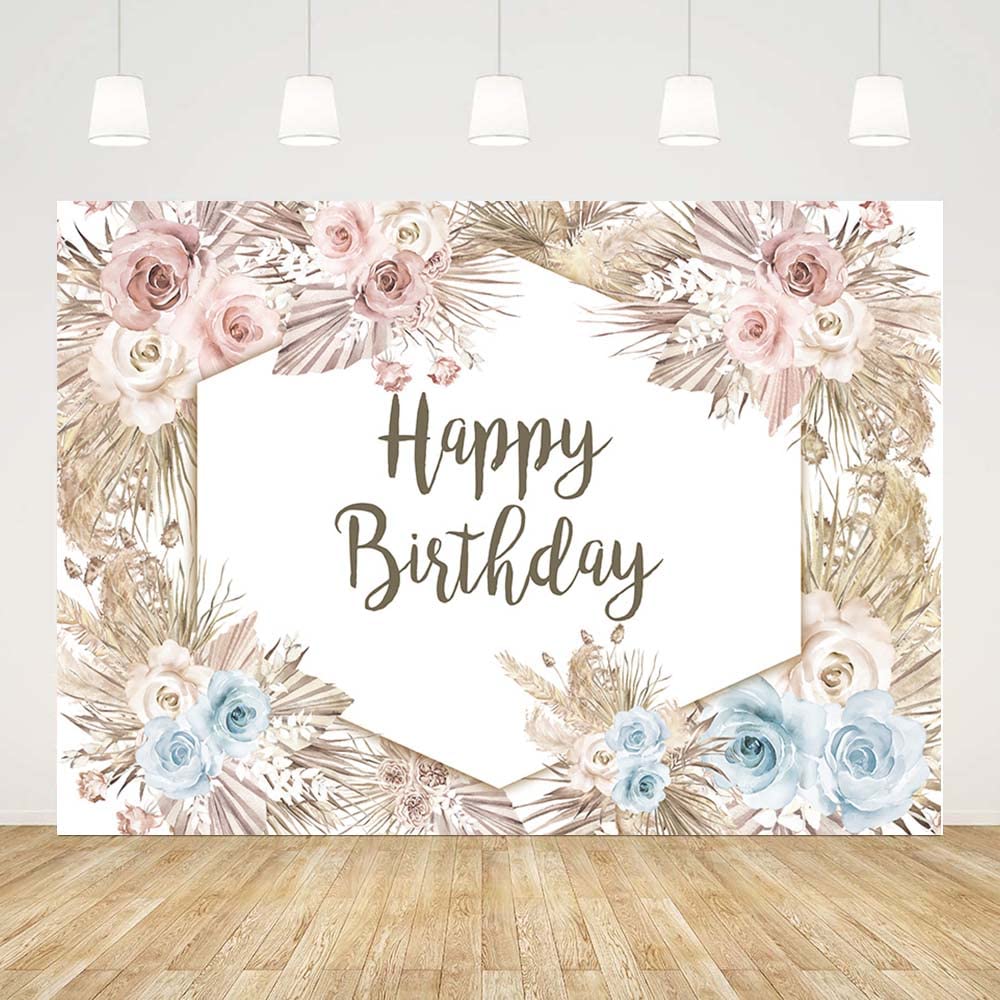 7x5ft Boho Happy Birthday Backdrop for Girls & Women - Blue Pink Floral Pampas Grass Photography Background | Birthday Party Decor, Photo Booth Props | Perfect for Baby Showers, Bridal Showers & Birthday Celebrations