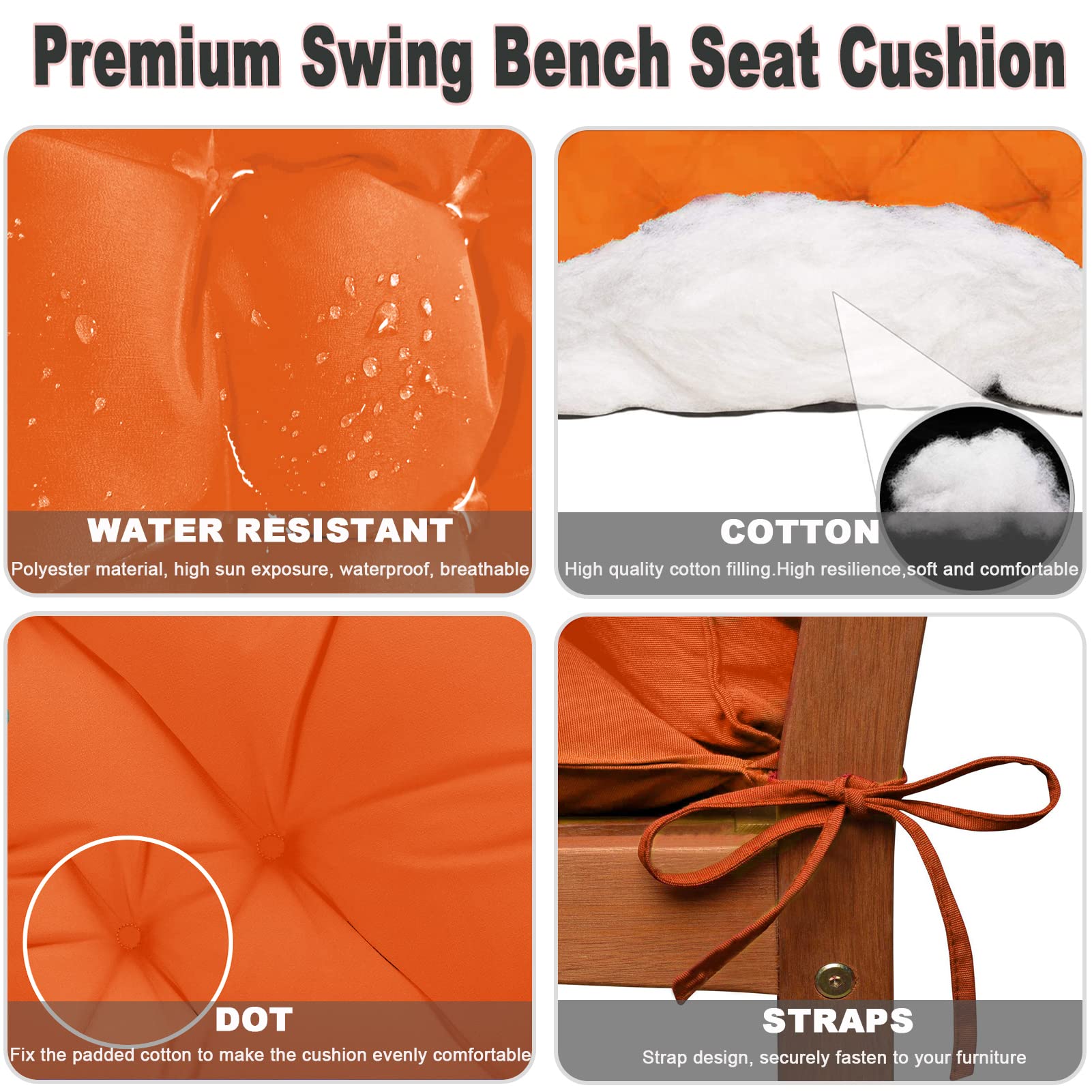 Waterproof Outdoor Swing Replacement Cushions with Backrest - 40x47 Inch Washable Bench Cushions for Patio, Garden & Loveseat (2-3 Seater, Orange) - Perfect for Relaxing in Your Backyard or Poolside