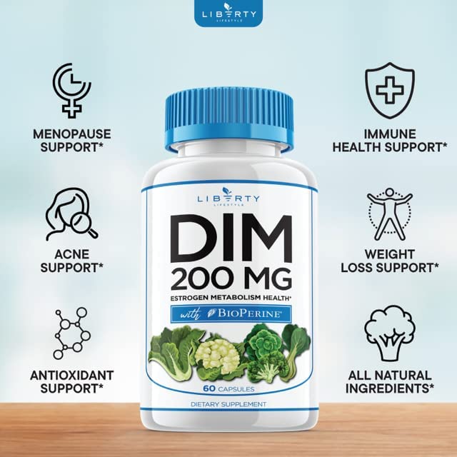DIM Supplement 200mg with BioPerine - Diindolylmethane Capsules for Estrogen Balance, Menopause Support & Acne Relief - Vegan, Non-GMO - 120 Count - Perfect for Hormone Regulation & Skin Health
