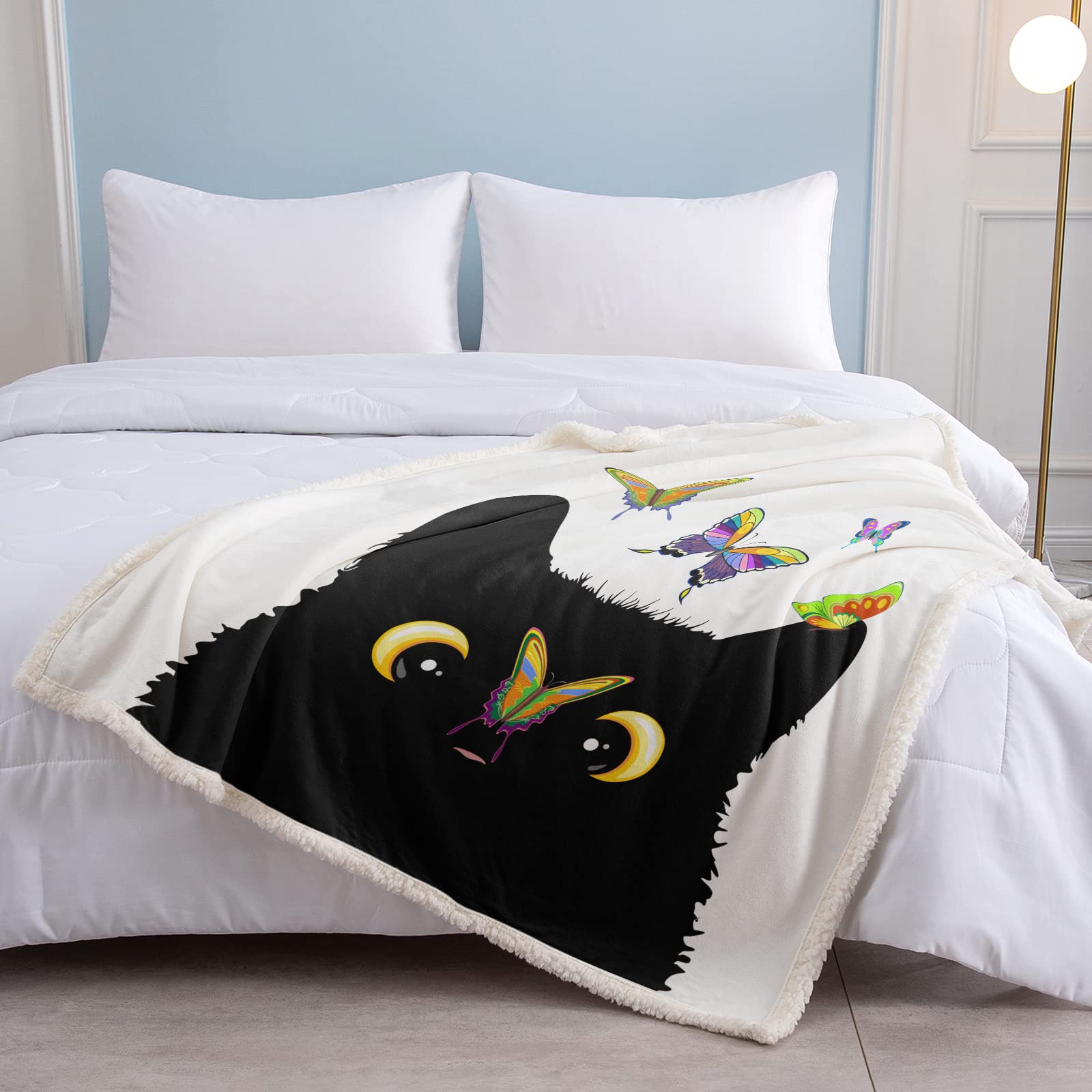 SOULZZZ Cozy Sherpa Cat Blanket for Women - Soft Plush Kawaii Kitten Throw Blanket 80x60 Inches - Perfect Valentine's Day Gift for Cat Lovers (Black) | Great for Cuddling, Bedroom Decor & Gift Giving
