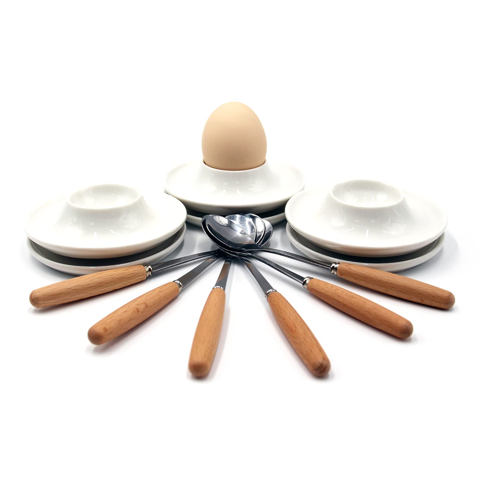 JAMOR Round Ceramic Egg Cup Set - White Ceramic Egg Holder for Hard & Soft Boiled Eggs | 6-Piece Breakfast & Brunch Serving Tray | Kitchenware & Home Decor for Dining Table, Kitchen Counter, and Buffet Display