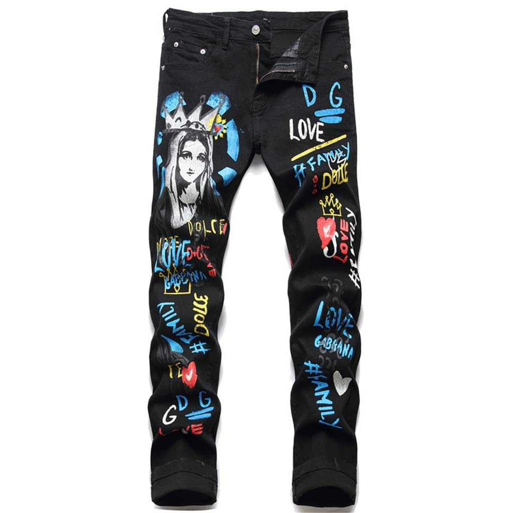 RMGTZ Black Distressed Graphic Print Slim Fit Stretch Jeans for Men - Straight Leg Ripped Denim Pants - Summer Casual Wear (Color: Black, Size: 30) | Perfect for Street Style, Daily Outfits & Night Out