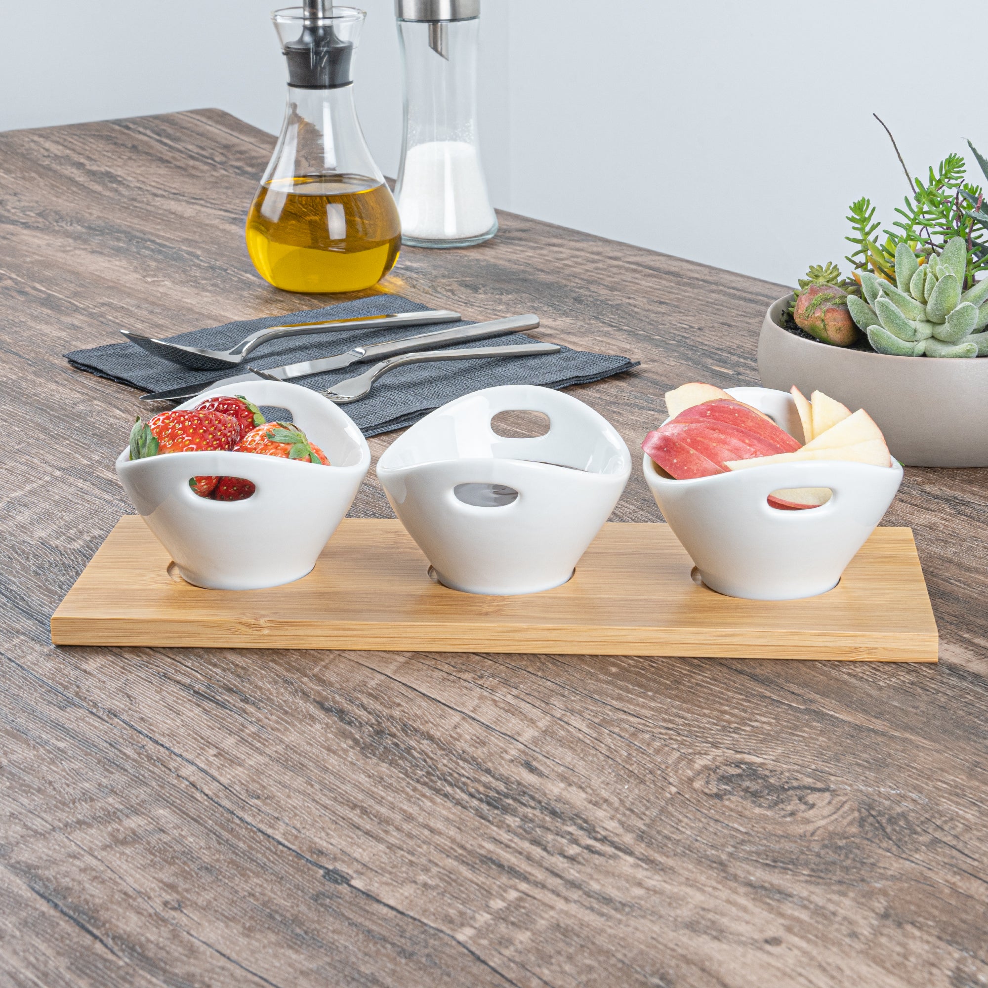 6 oz White Porcelain Rectangular Basket Bowls Set of 3 with Bamboo Tray - 11.75
