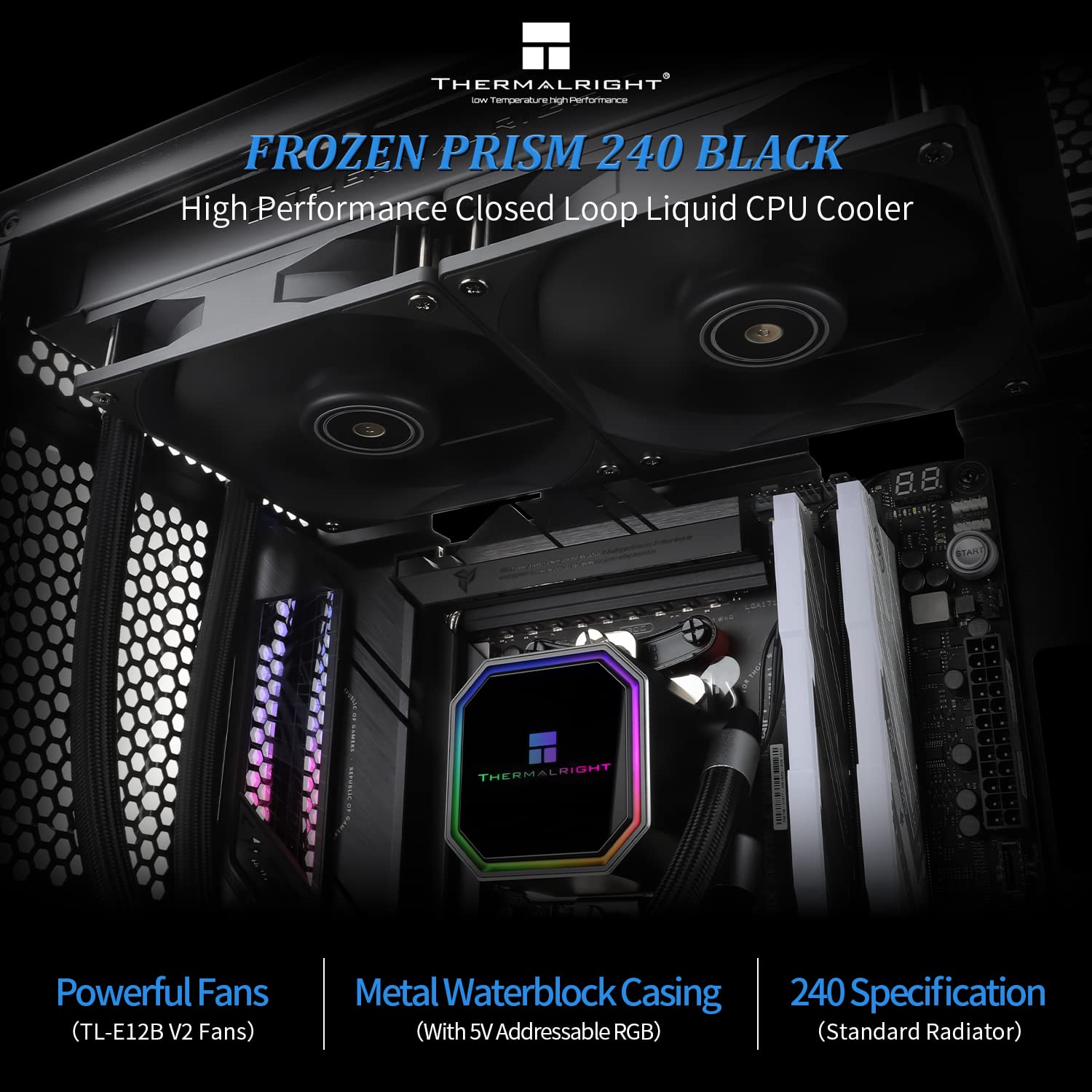 Thermalright Frozen Prism 240 Black RGB CPU Liquid Cooler - High Performance PWM Pump 3300RPM, Dual TL-E12 PWM Fans - Compatible with AMD AM4/AM5 & Intel 1150/1151/1200/1700/2011 Sockets - Ideal for Gaming PCs, Workstations, and Overclocking Builds