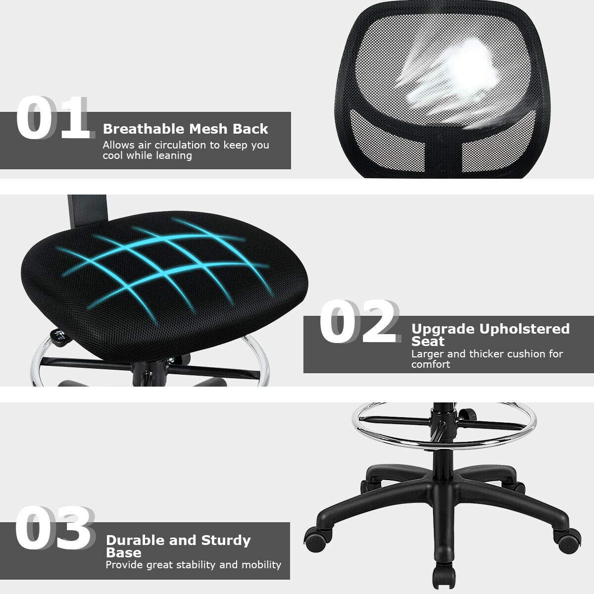 Giantex Mesh Drafting Chair with Footrest Ring - Adjustable Height Mid Back Office Chair for Standing Desk, Home & Office Use - Black - Perfect for Architects, Designers & Long Work Hours