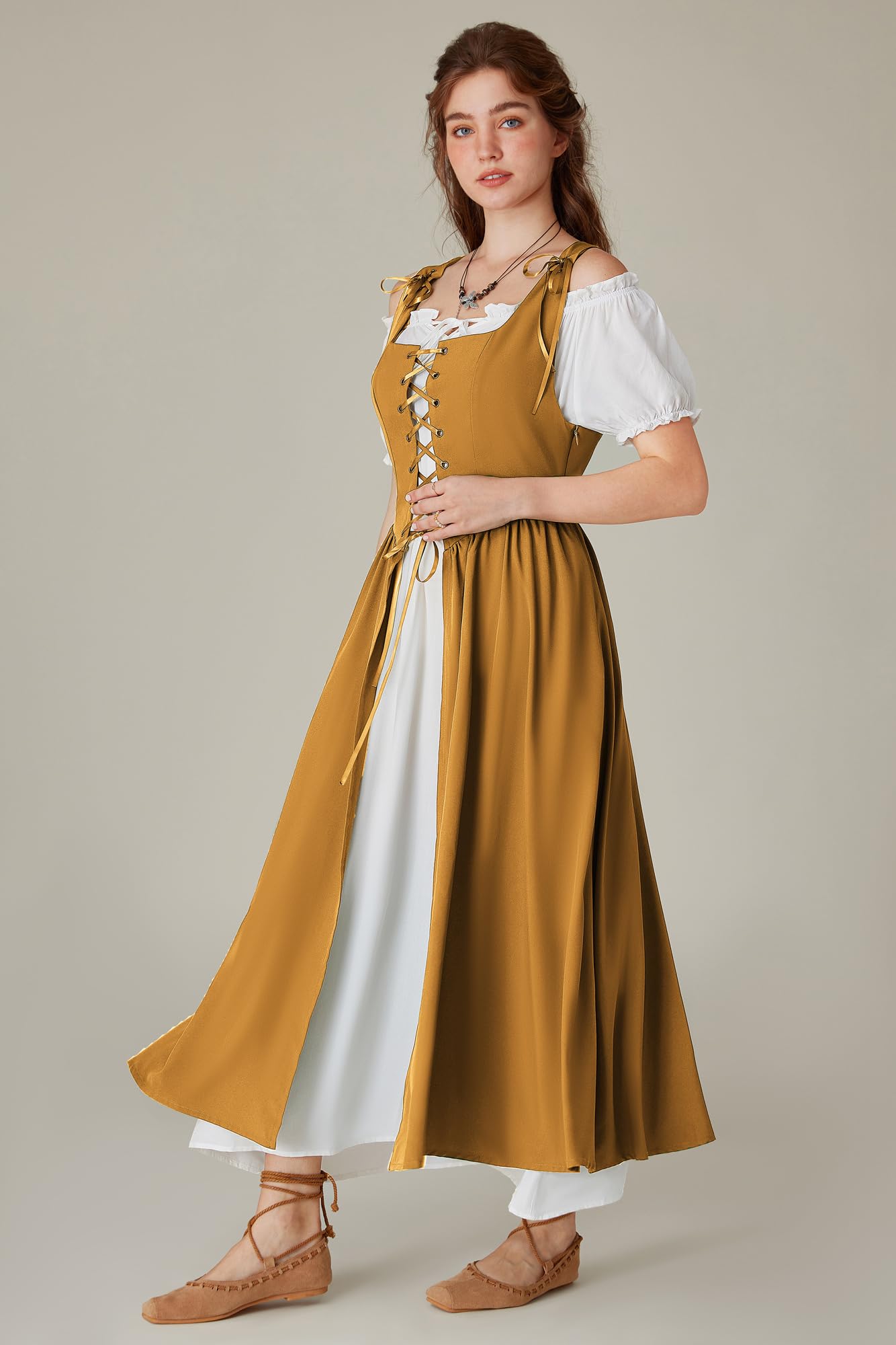 Scarlet Darkness Women's Renaissance Peasant Dress - Medieval Short Sleeve Maxi Costume for Cosplay, LARP, Renaissance Fairs & Historical Reenactments