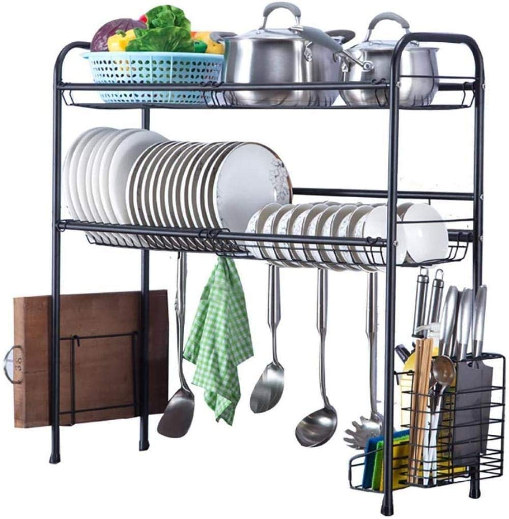 2-Tier Stainless Steel Dish Drying Rack - Rust Proof Kitchen Sink Drainer with Cutlery Holder & Water Filter, 64x28x82cm - Perfect for Small Kitchens, Countertop Space Saving & Dish Organization