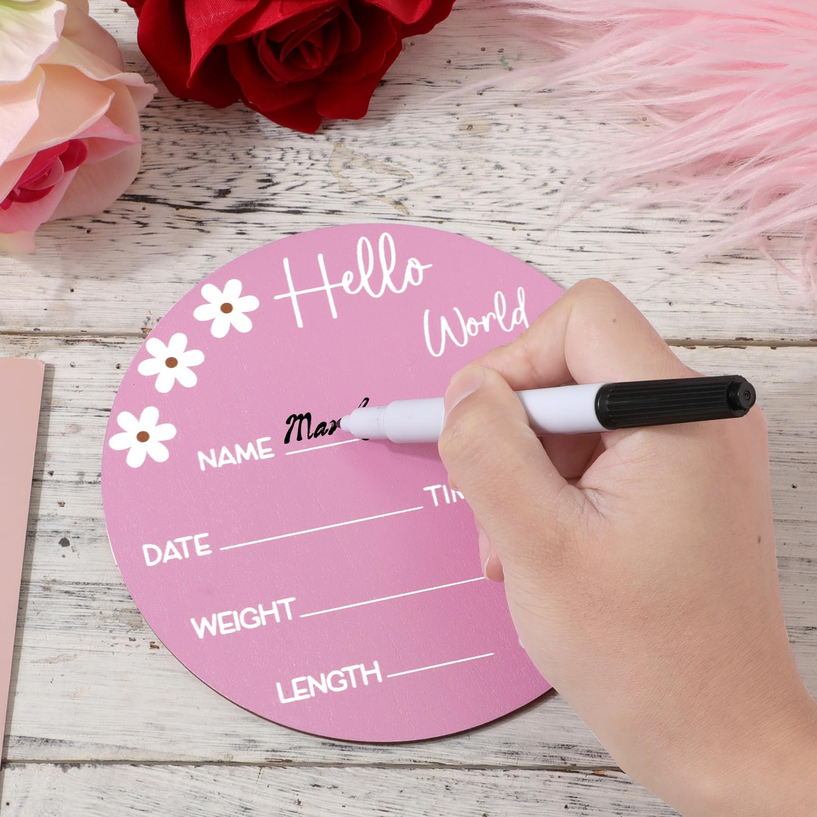 5.9 Inch Wooden Baby Name Sign - Personalized Hello World Birth Announcement Plaque with Daisy Design for Newborn Boys & Girls | Perfect Photography Prop, Baby Shower Gift, Nursery Decor & Hospital Keepsake (Rose Red)