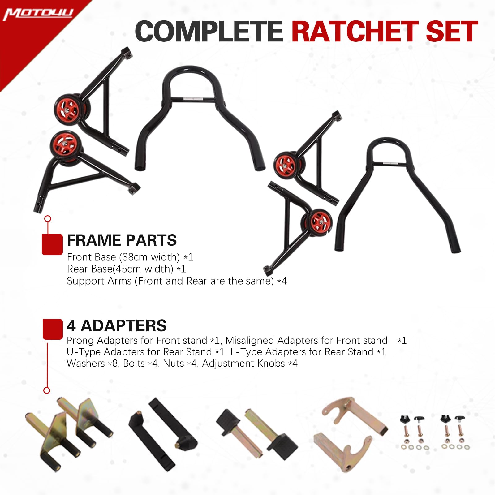 MOTO4U Universal Motorcycle Front & Rear Wheel Lift Stand Combo - Swingarm Spool Paddock Stand for Bike Maintenance (Red Wheel) - Perfect for Garage, Workshop & DIY Motorcycle Repair