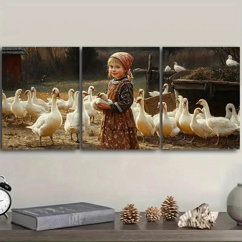 3-Piece Farm Girl Feeding Animals Metal Wall Art - Ready to Hang, Rustic Countryside Decor for Living Room, Nursery, or Farmhouse Style Home