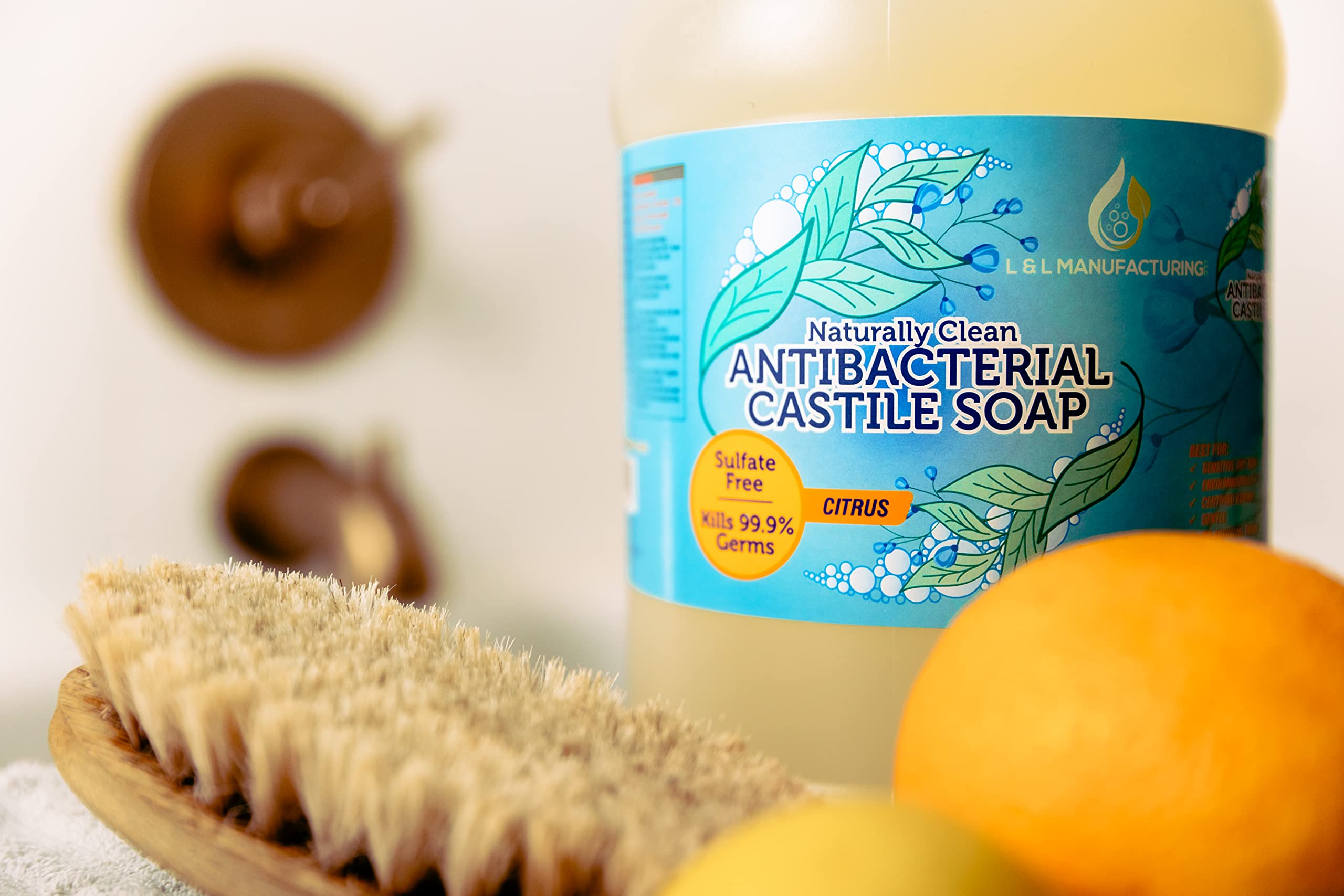 Natural Citrus Antibacterial Pure Castile Soap Liquid - Vegan, Non-GMO Face, Hand & Body Wash for Dry & Sensitive Skin | Made in USA (1 Gallon) - Perfect for Home, Travel & Eco-Friendly Cleaning