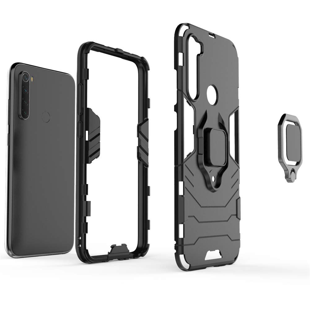 LuluMain Shockproof Rugged Case for Xiaomi Redmi Note 8 - Dual Layer Hard Bumper with Metal Ring Grip & Kickstand | Compatible with Magnetic Car Mount | Perfect for Outdoor Activities, Work & Travel (Black)