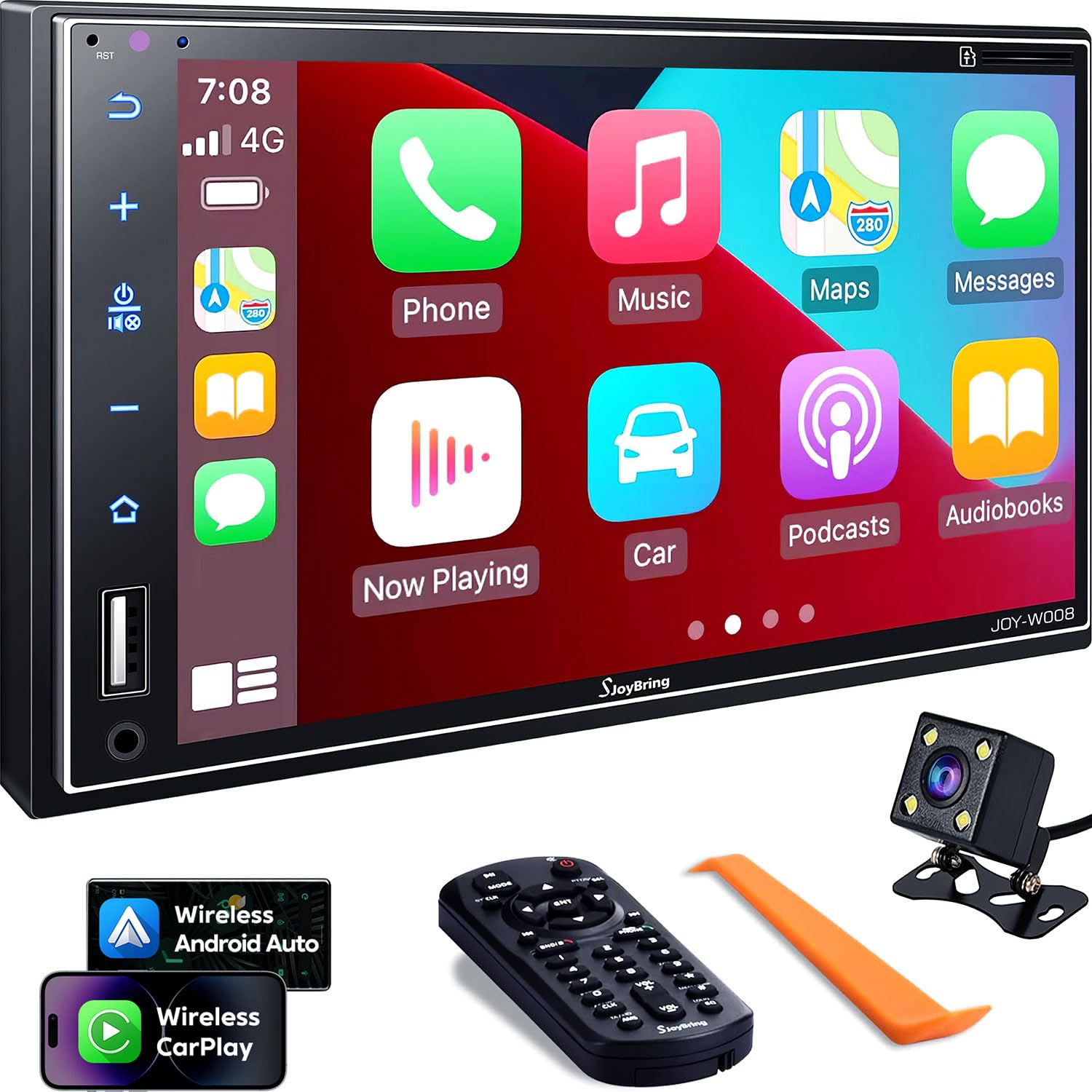7 Inch Double Din Car Stereo with Wireless Apple CarPlay & Android Auto - Bluetooth, 4-Channel RCA, HD Touchscreen, Subwoofer Output, Backup Camera, Steering Wheel Control - Perfect for Upgrading Your Toyota, Honda, Ford, Chevy & More (FM/AM Radio Included)