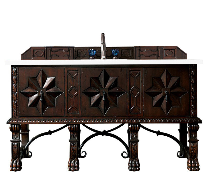 Balmoral 60 Inch Single Bathroom Vanity Cabinet in Antique Walnut with 3CM Classic White Quartz Countertop - Perfect for Modern Farmhouse & Traditional Bathroom Designs